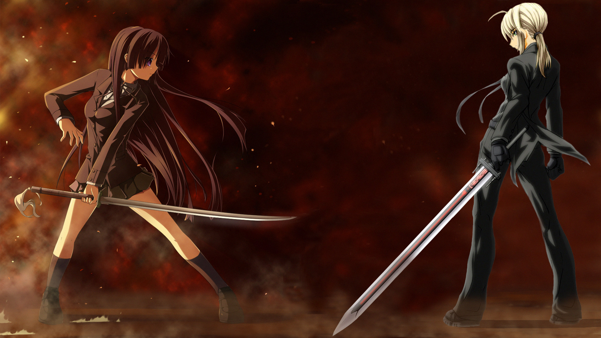 1920x1080 Anime - Crossover Girl Sword Showdown Fate/Stay Night K-ON! Mio Akiyama
