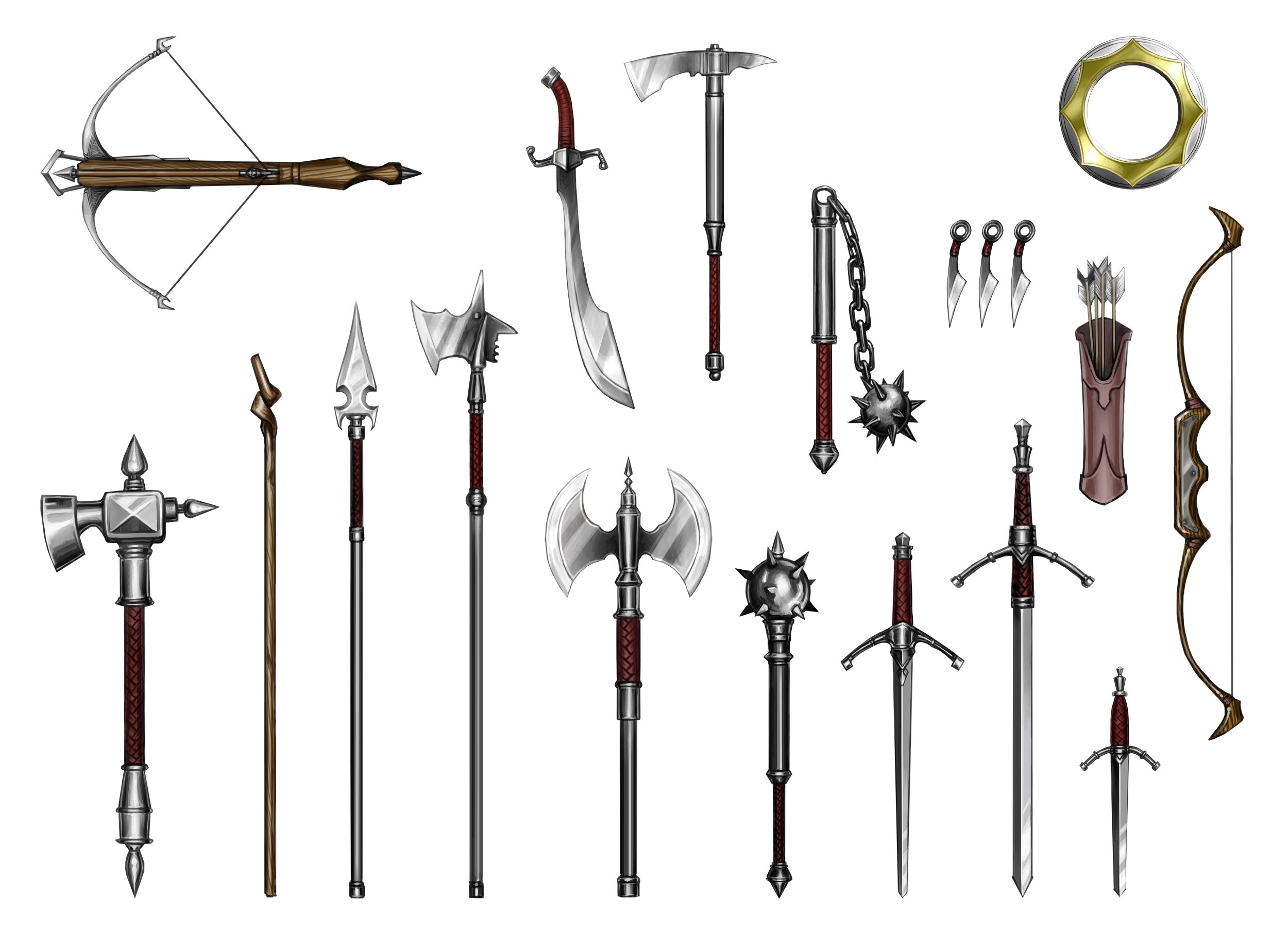 2500x1807 bow weapon spear bow and arrow arrows long sword flail mace battle axe  short sword quiver