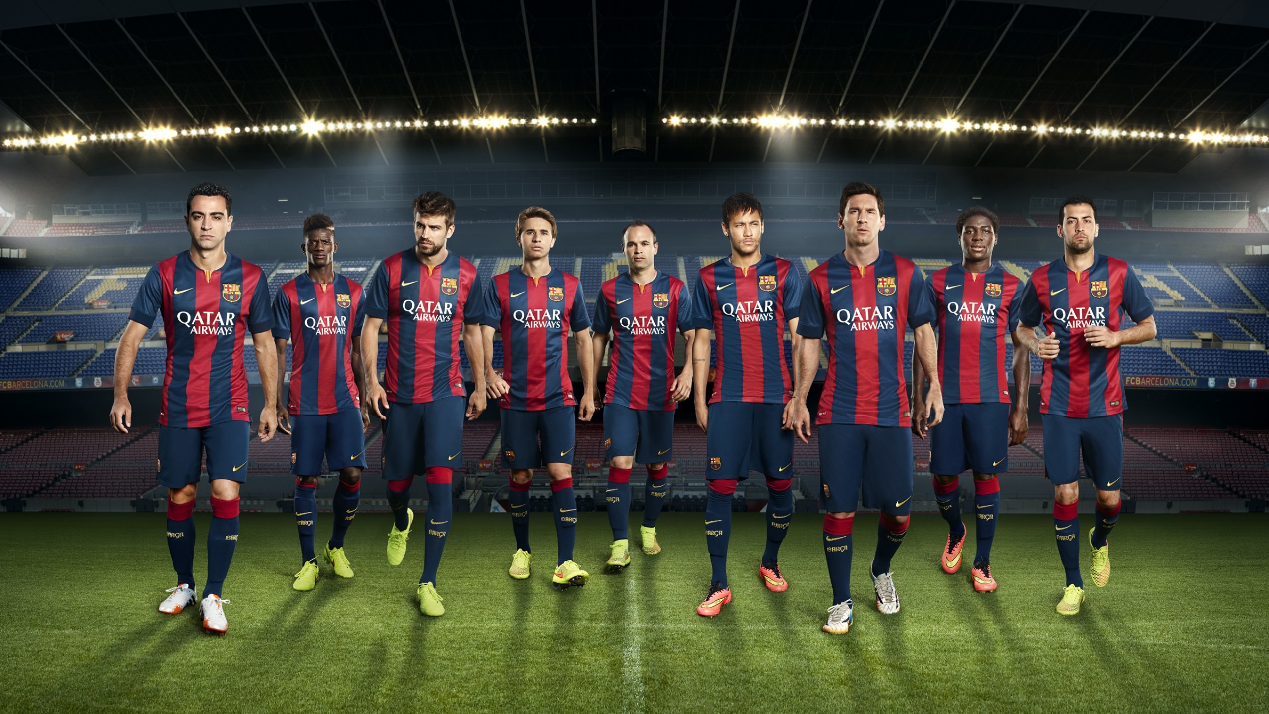 2560x1440 FC Barcelona, Andres Iniesta, Camp Nou, Gerard Pique, Lionel Messi, Neymar