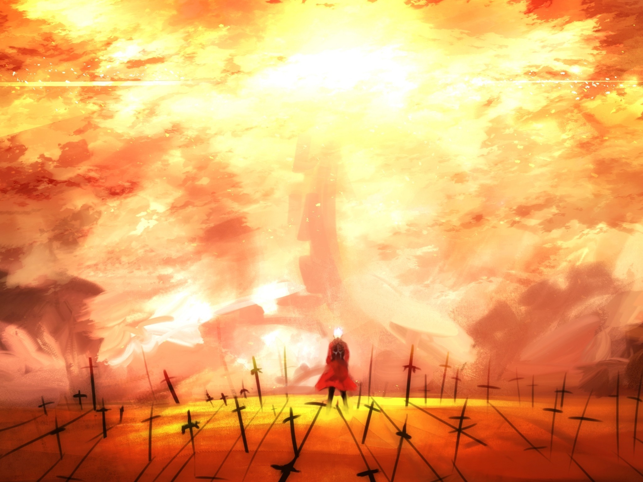 2048x1536 Fate Stay Night, Archer, Swords, Scenic, Artwork, Shadow, Back View