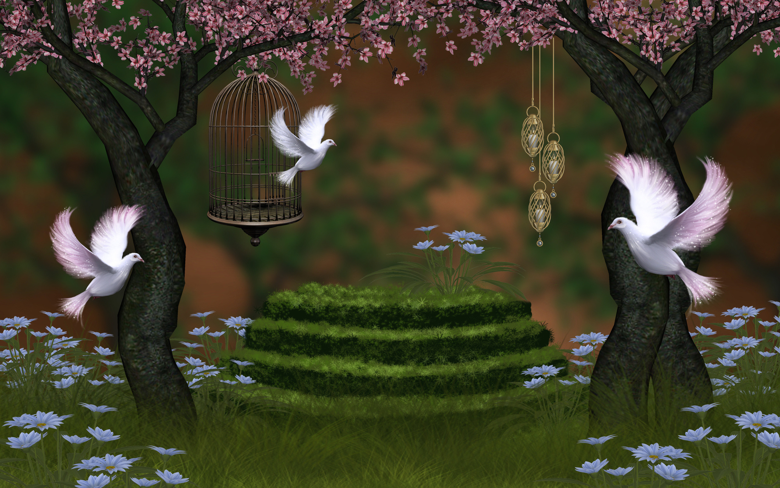 2560x1600 Beautiful Nature Wallpaper for Desktop in 3d with Pigeons and Cherry  Blossoms