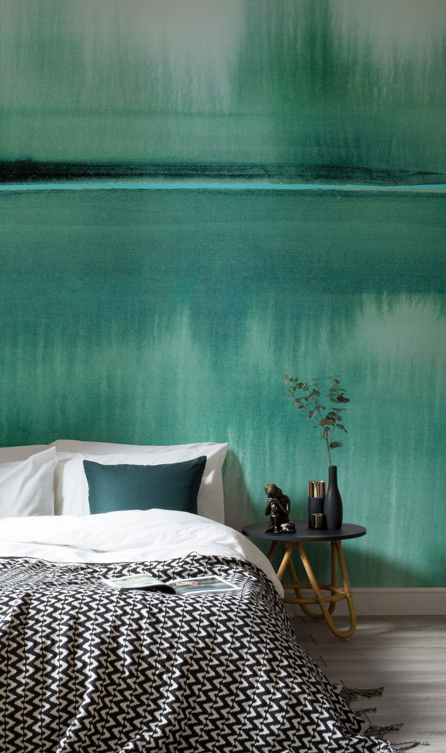 1500x2531 This watercolour wallpaper mural is oozing with deep emerald green hues and  depicts a peaceful still lake. It's perfect for creating a calming  atmosphere in ...