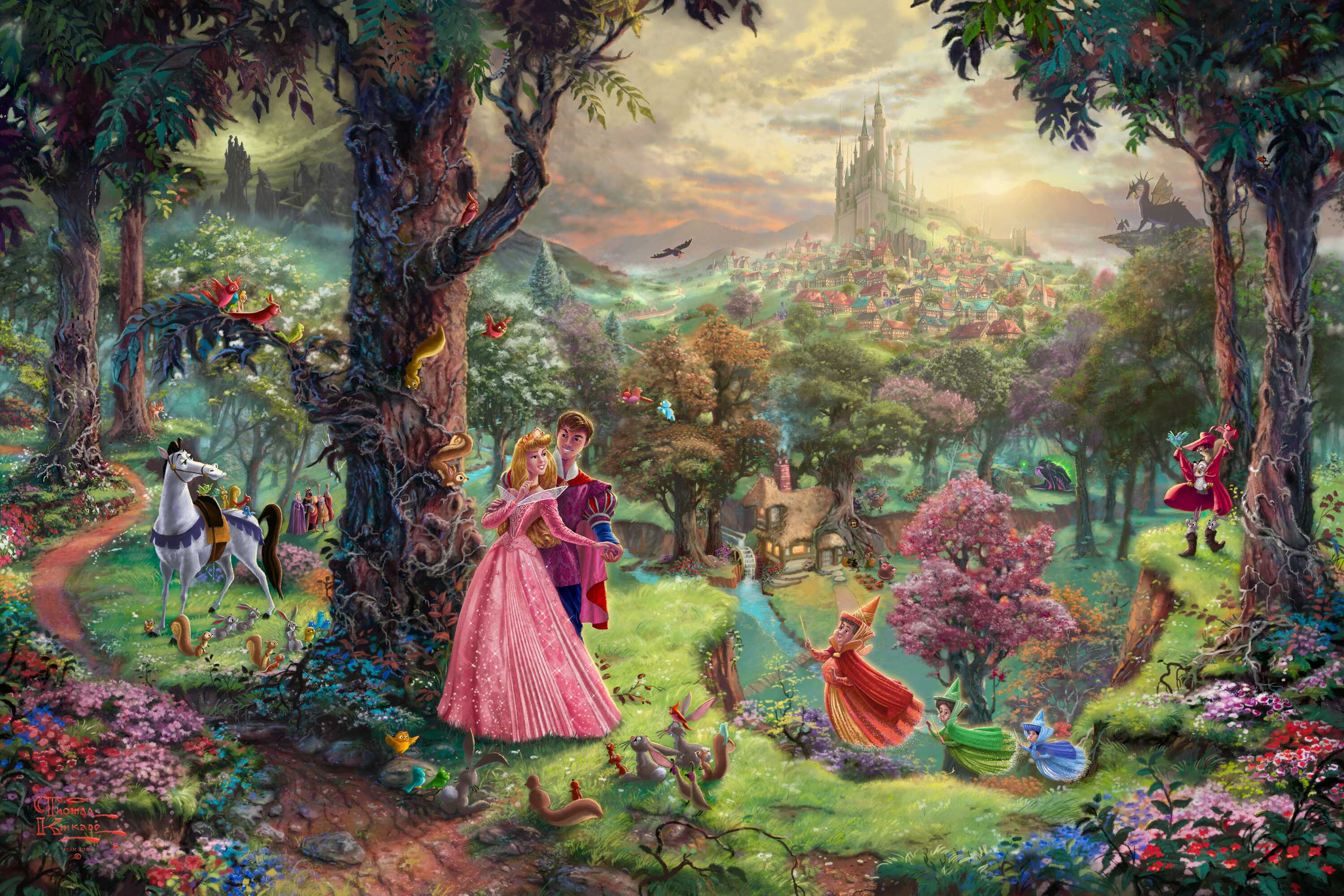 3000x2000 Kinkade Disney Sleeping Beauty (SN) Hand Highlighted Canvas- 28 x 22 Burl  Frame