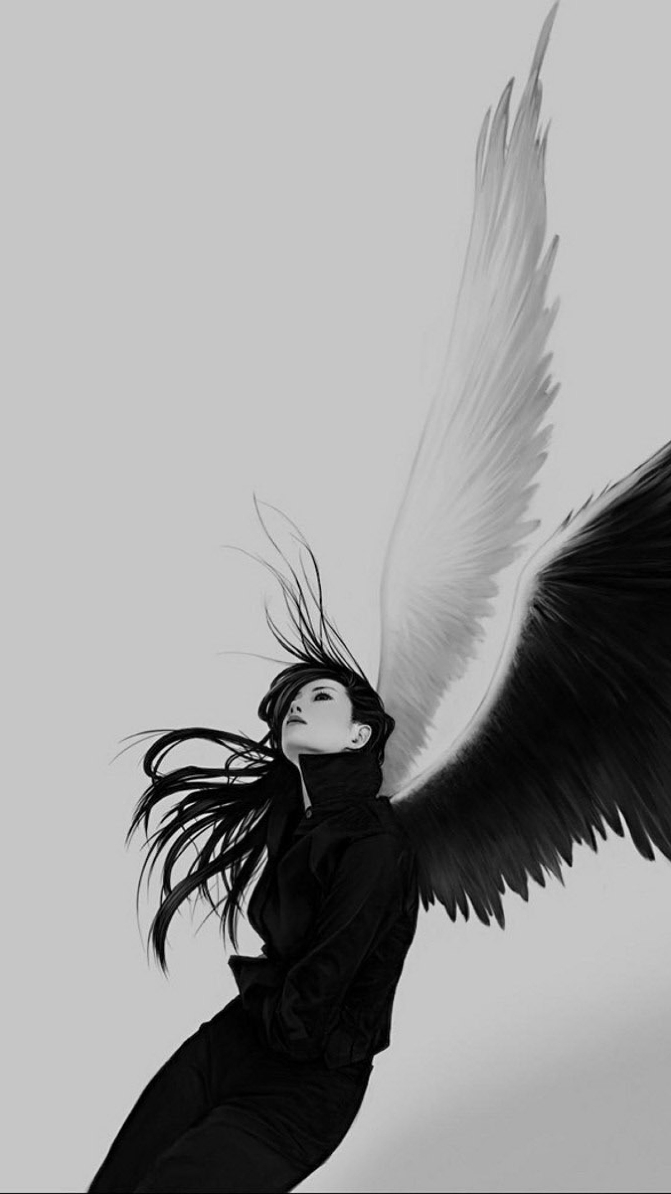 2160x3840  Wallpaper angel, wings, white, black, girl