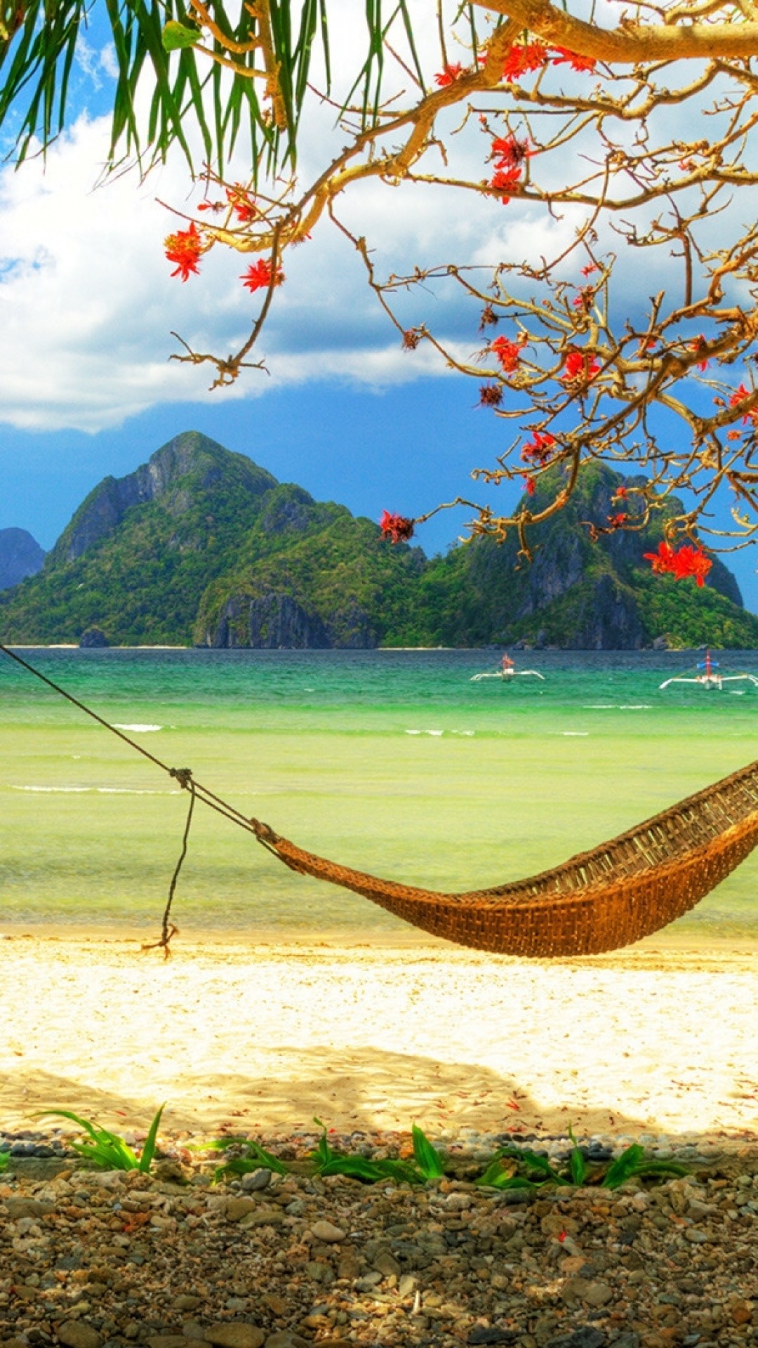 1080x1920  Wallpaper hammock, coast, palm tree, leaves, beach, relax, privacy