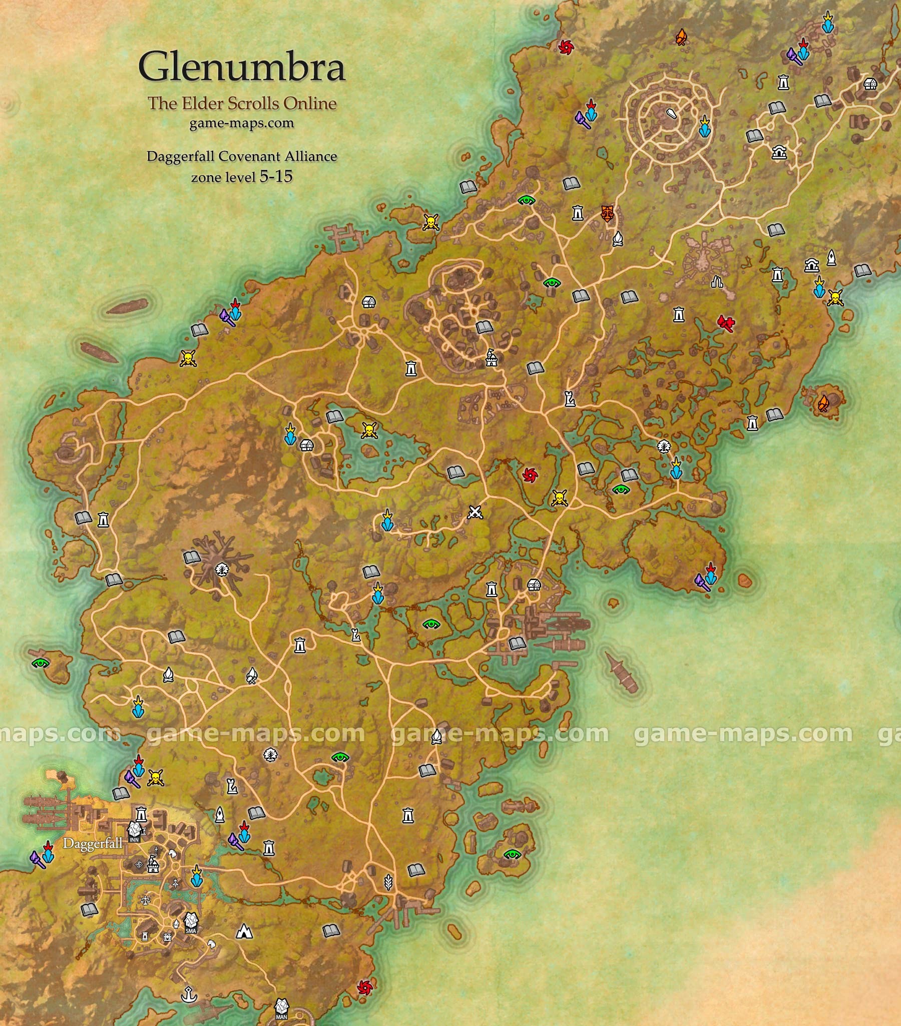 1800x2050 Glenumbra zone map. Daggerfall City. Western region of Daggerfall Covenant  Alliance territory, dominated