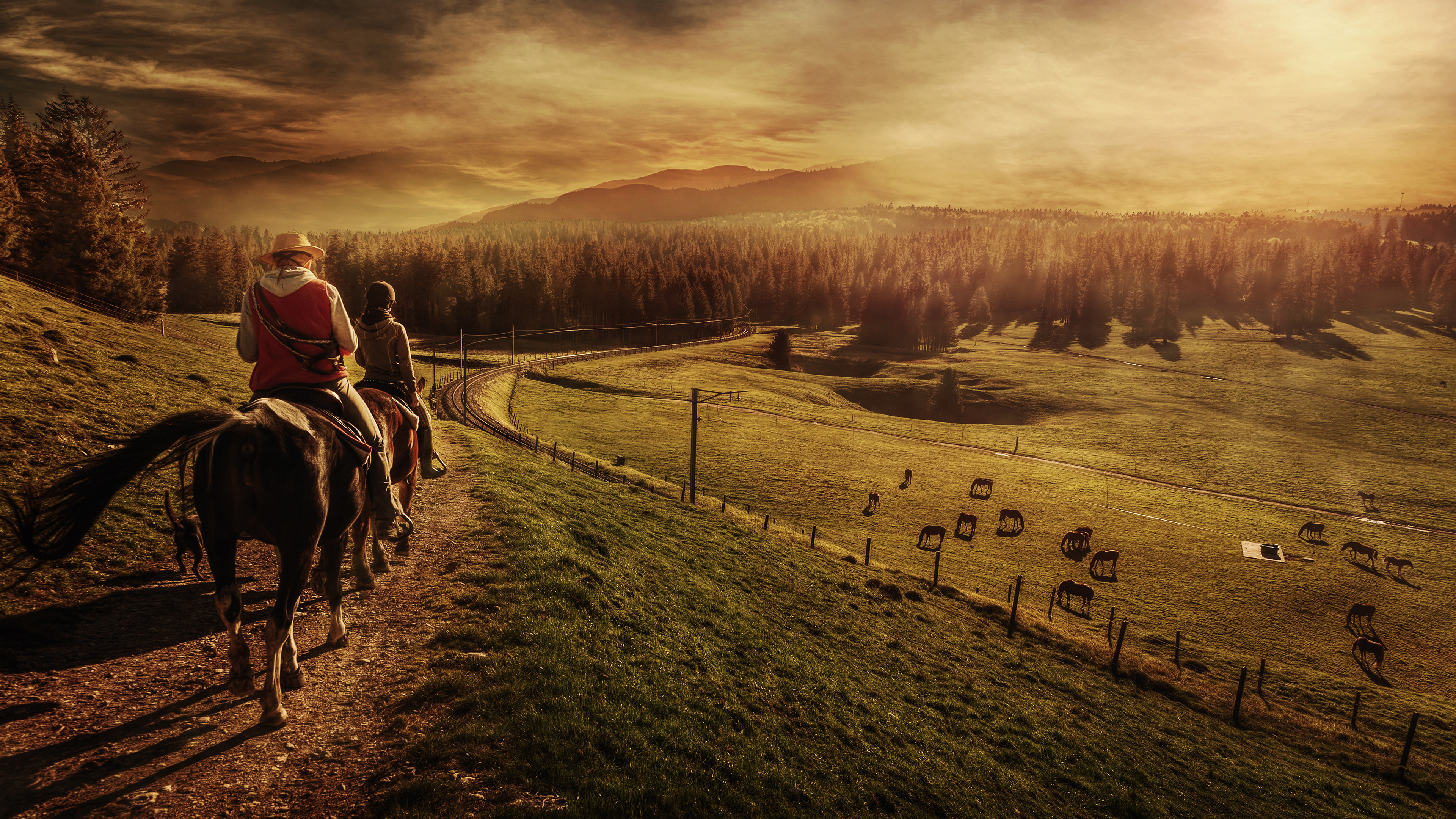 3840x2160 Photography - Landscape People Man Horse Sunset Wallpaper