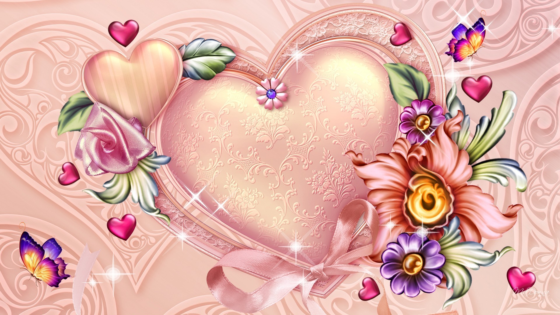1920x1080  Romantic Heart Day Valentines Abstract Romance Butterfly Pink  Floral Flowers Butterflies Papillon Flower Wallpaper Hd