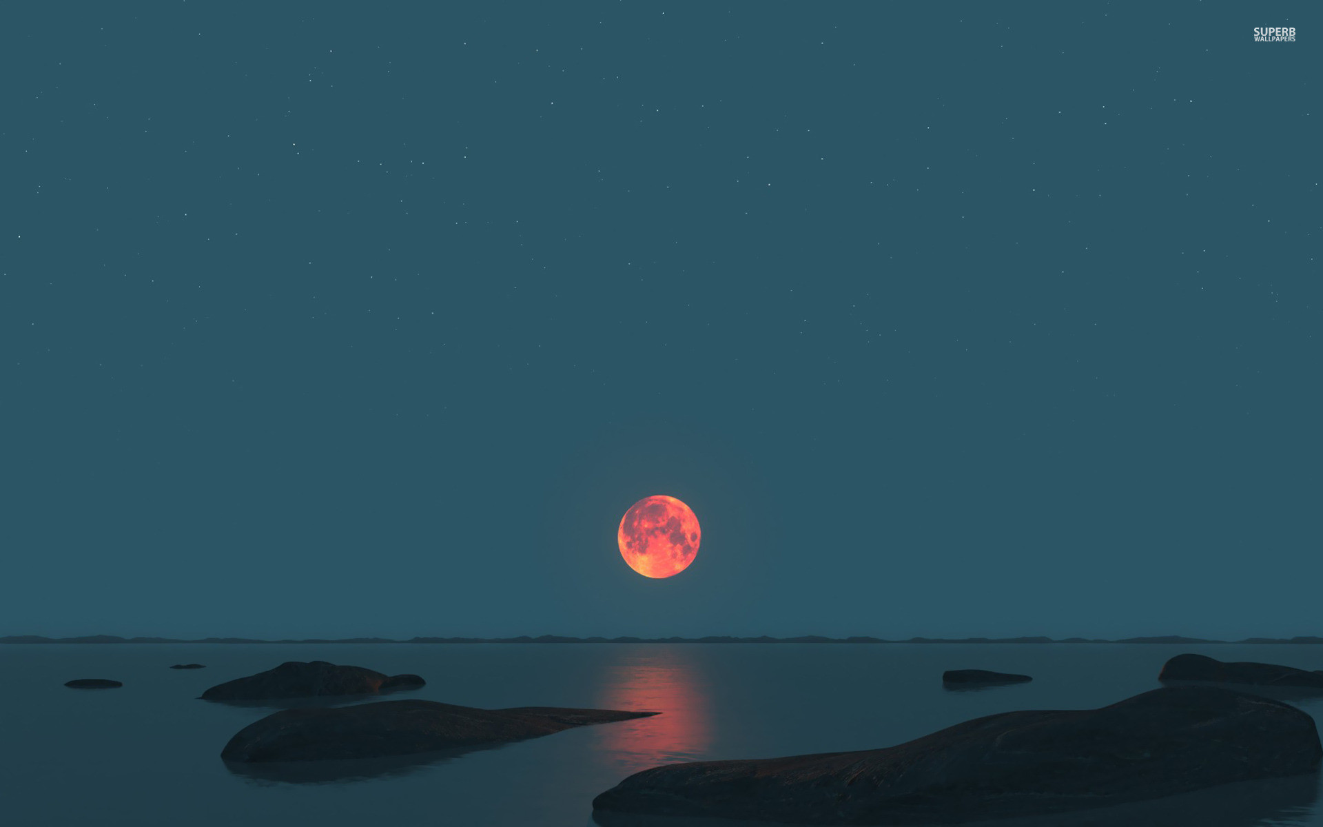 1920x1200 Image: Red Moon Ocean Black Rocks wallpapers and stock photos. Â«