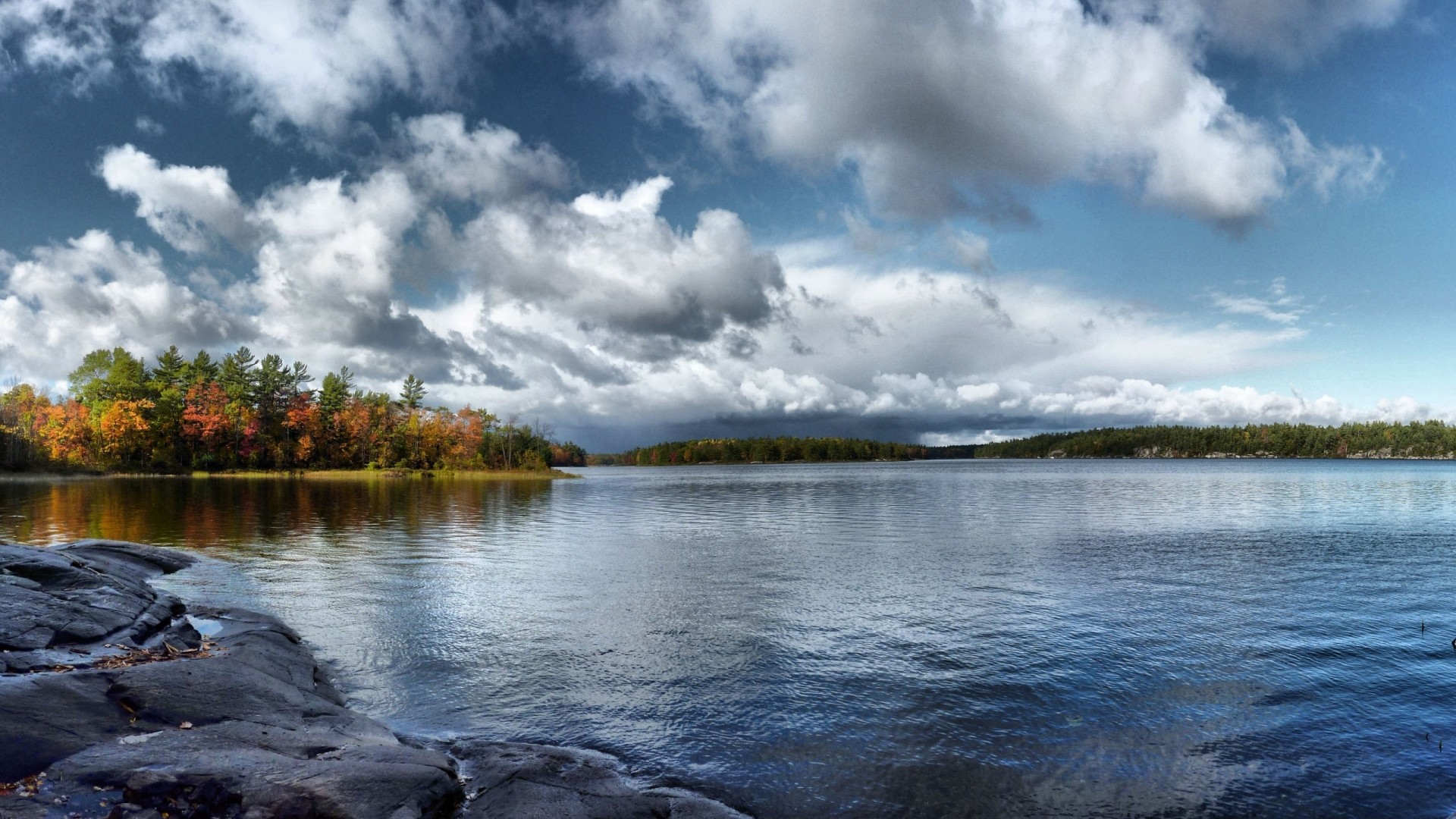1920x1080 Preview wallpaper water, smooth surface, lake, trees, autumn, sky, clouds