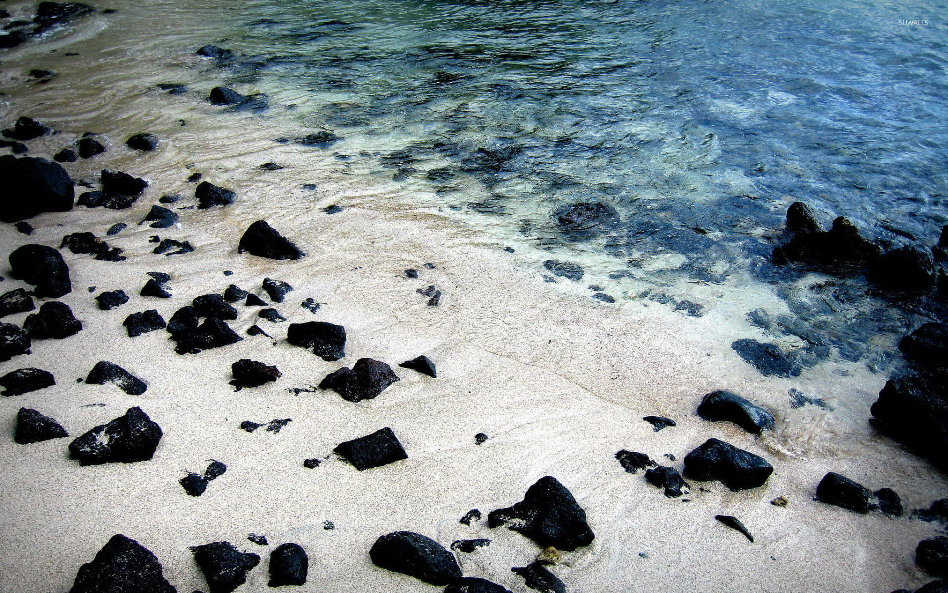 1920x1200 Black rocks on a sandy beach wallpaper