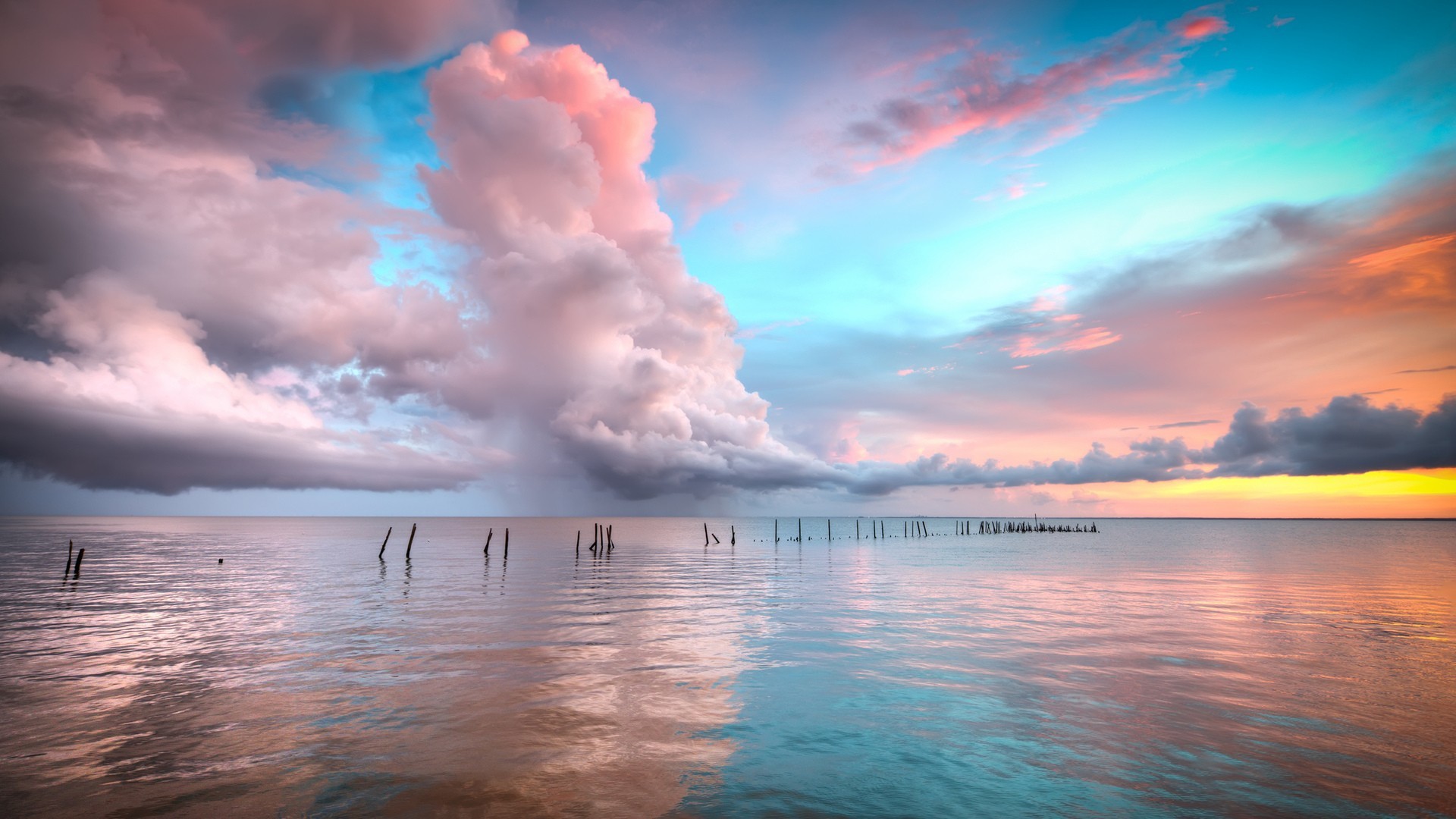 1920x1080 Sky Sea Clouds Reflection Pillars Gorgeous Reflected Sunset Free Desktop  Wallpaper Detail