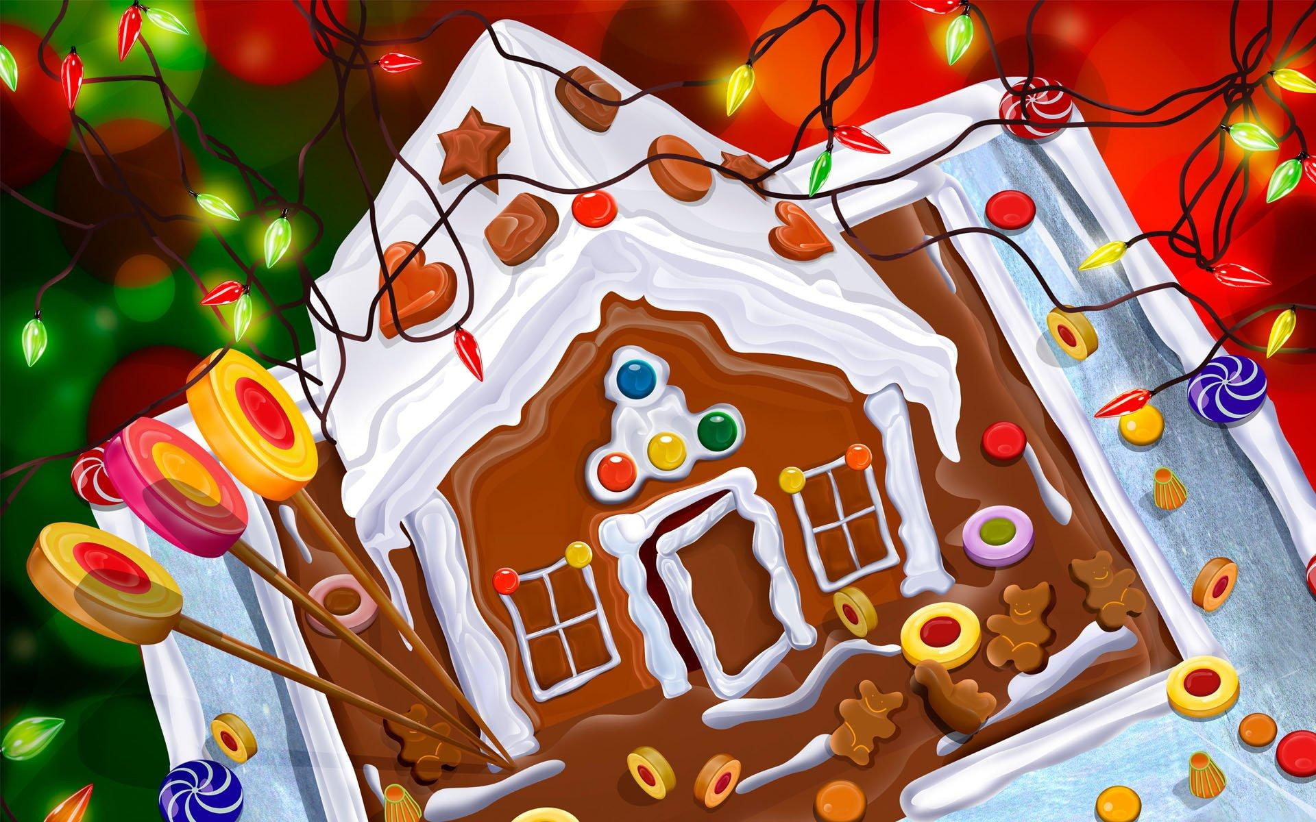 1920x1200 Gingerbread House, sweets, lights, lollipop, christmas, candy