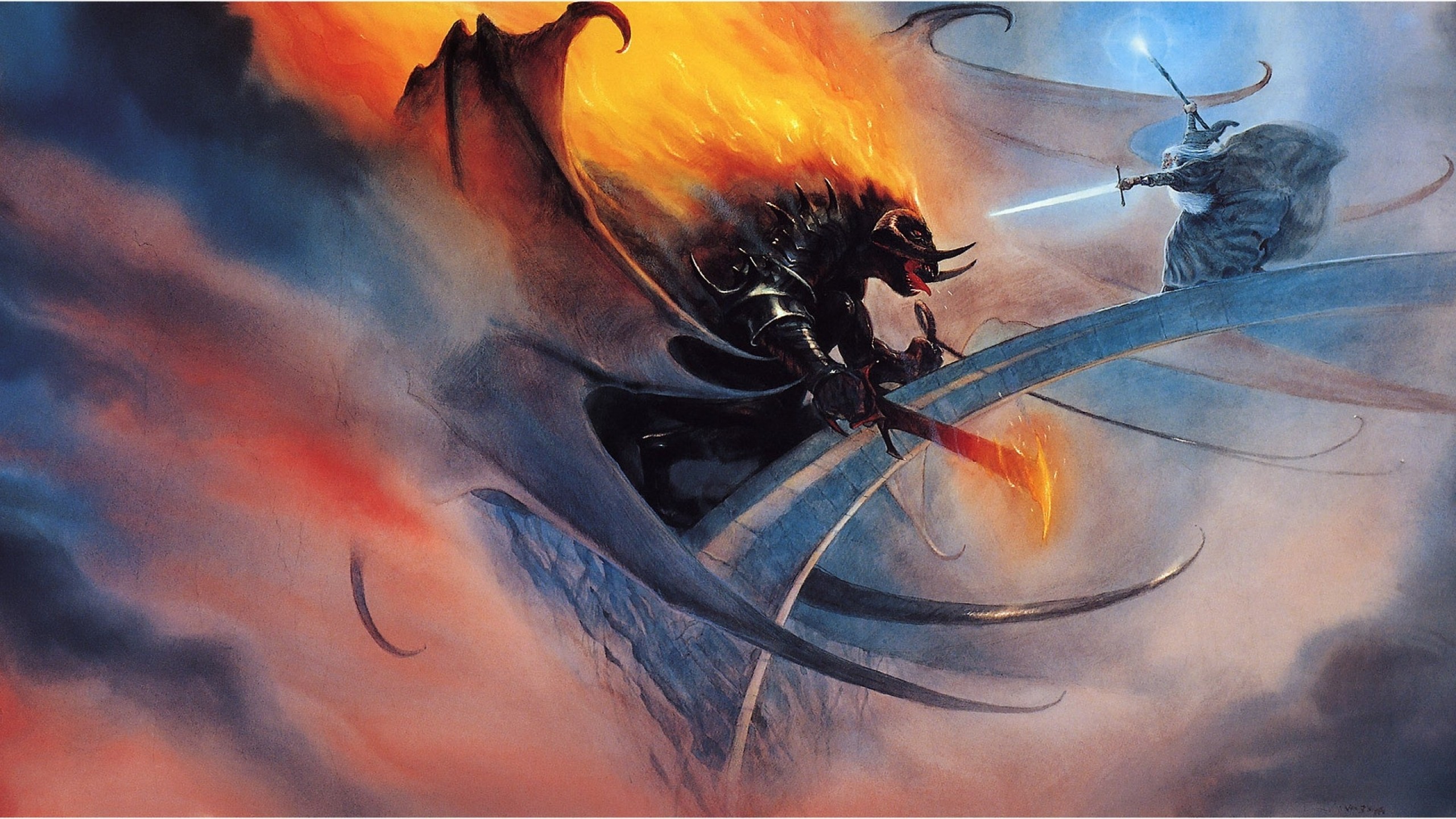 2560x1440 Fantasy Gandalf vs Balrog Battle Artwork Wallpaper