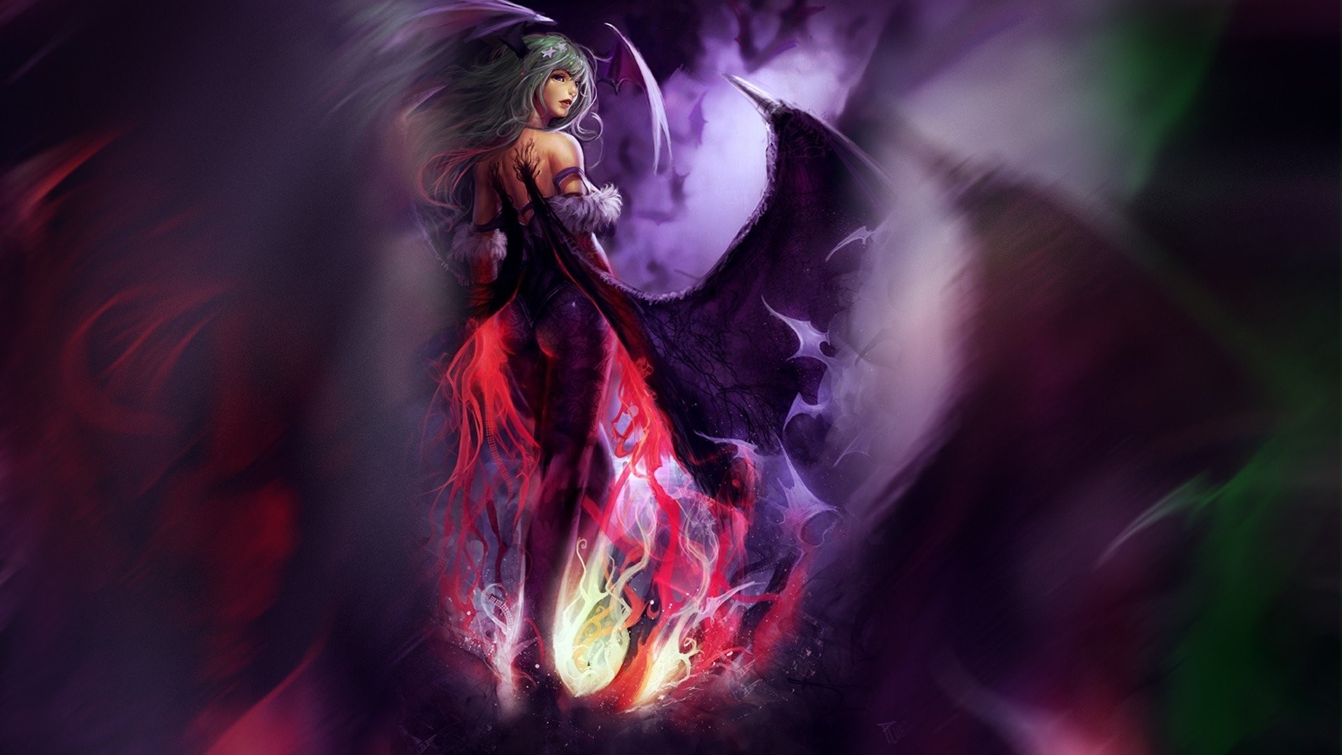 1920x1080 Video Game - Darkstalkers Woman Demon Flame Fantasy Long Hair Green Hair  Video Game Morrigan Aensland