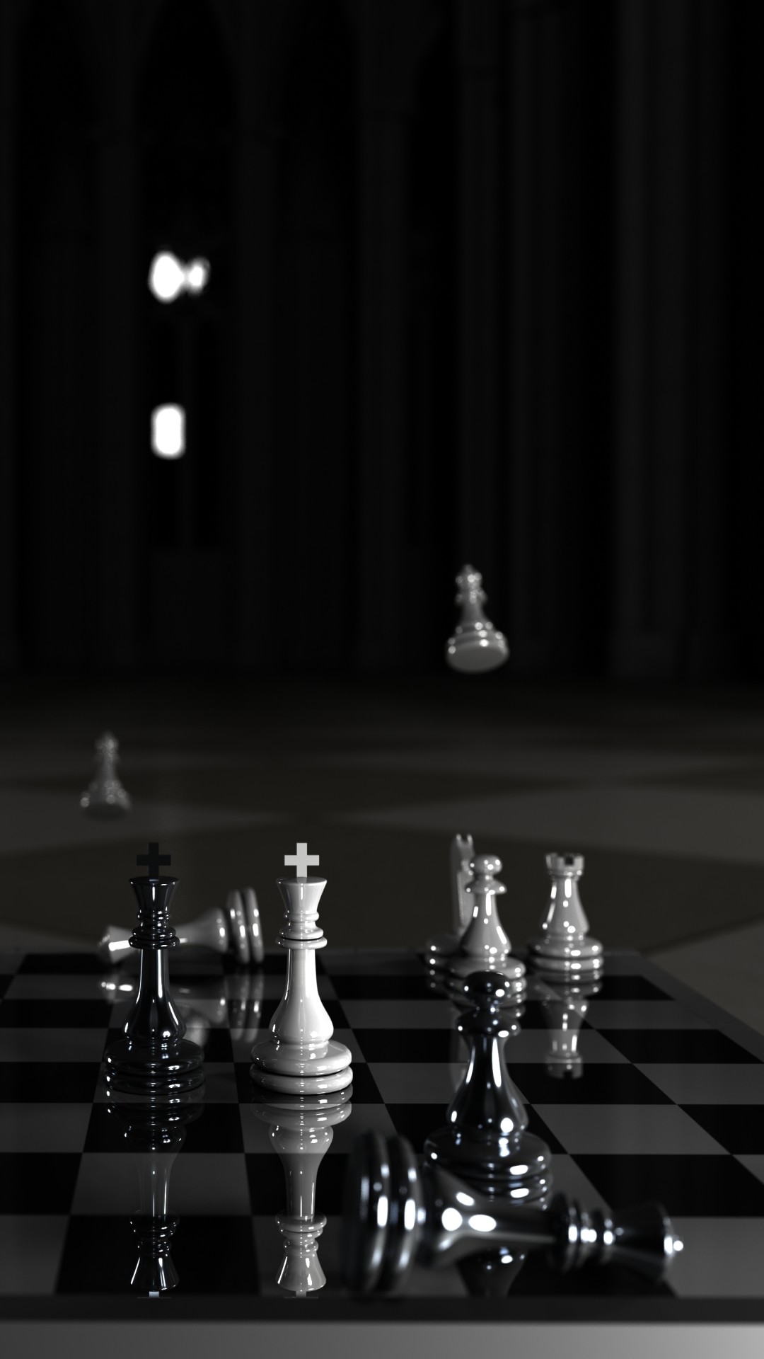 Chess Playing On The Chess Board With Other Pieces In View Background, 3d  Rendering Fight Chess
