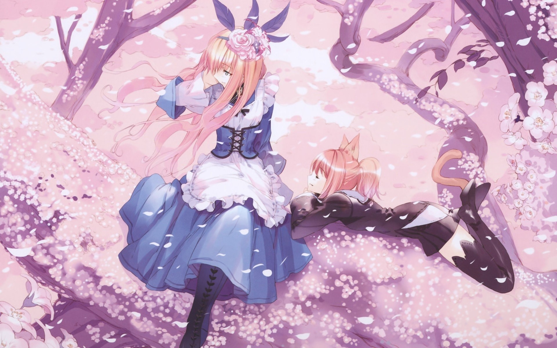 1920x1200 Trees Anime Girls Cat Ears Cherry Blossom Dresses
