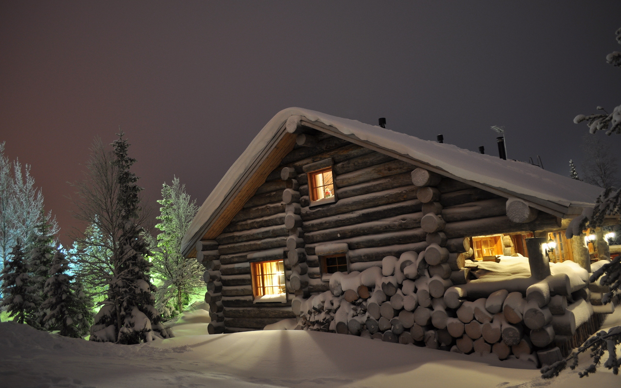 2560x1600 Wallpaper winter, snow drifts, log cabin, wood, night eating, winter .