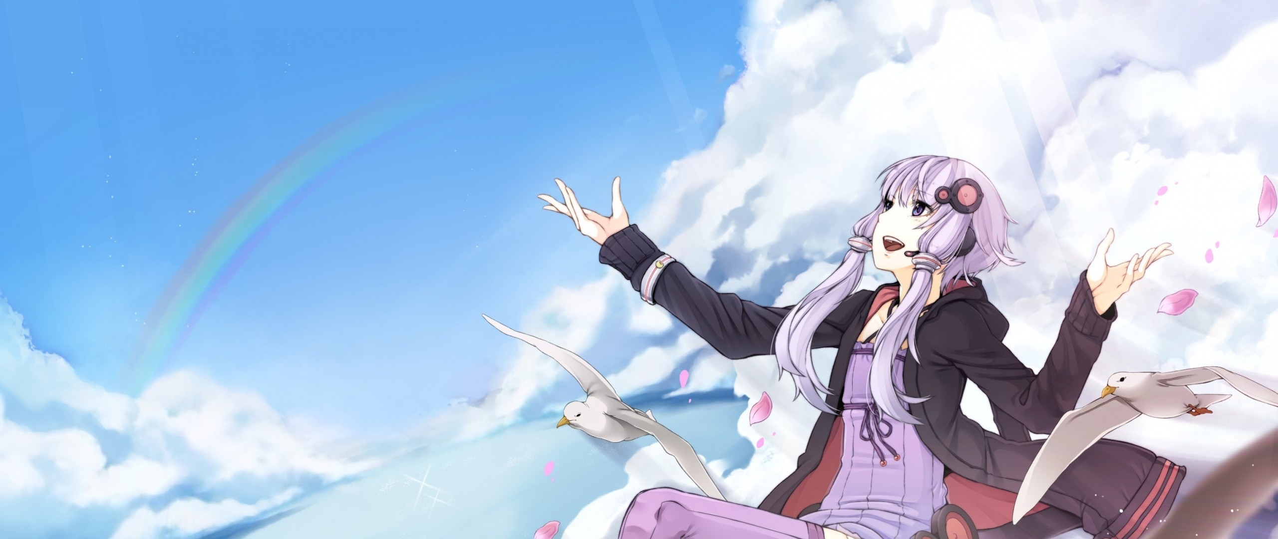 2560x1080  Wallpaper anime, girl, flying, bird, sky