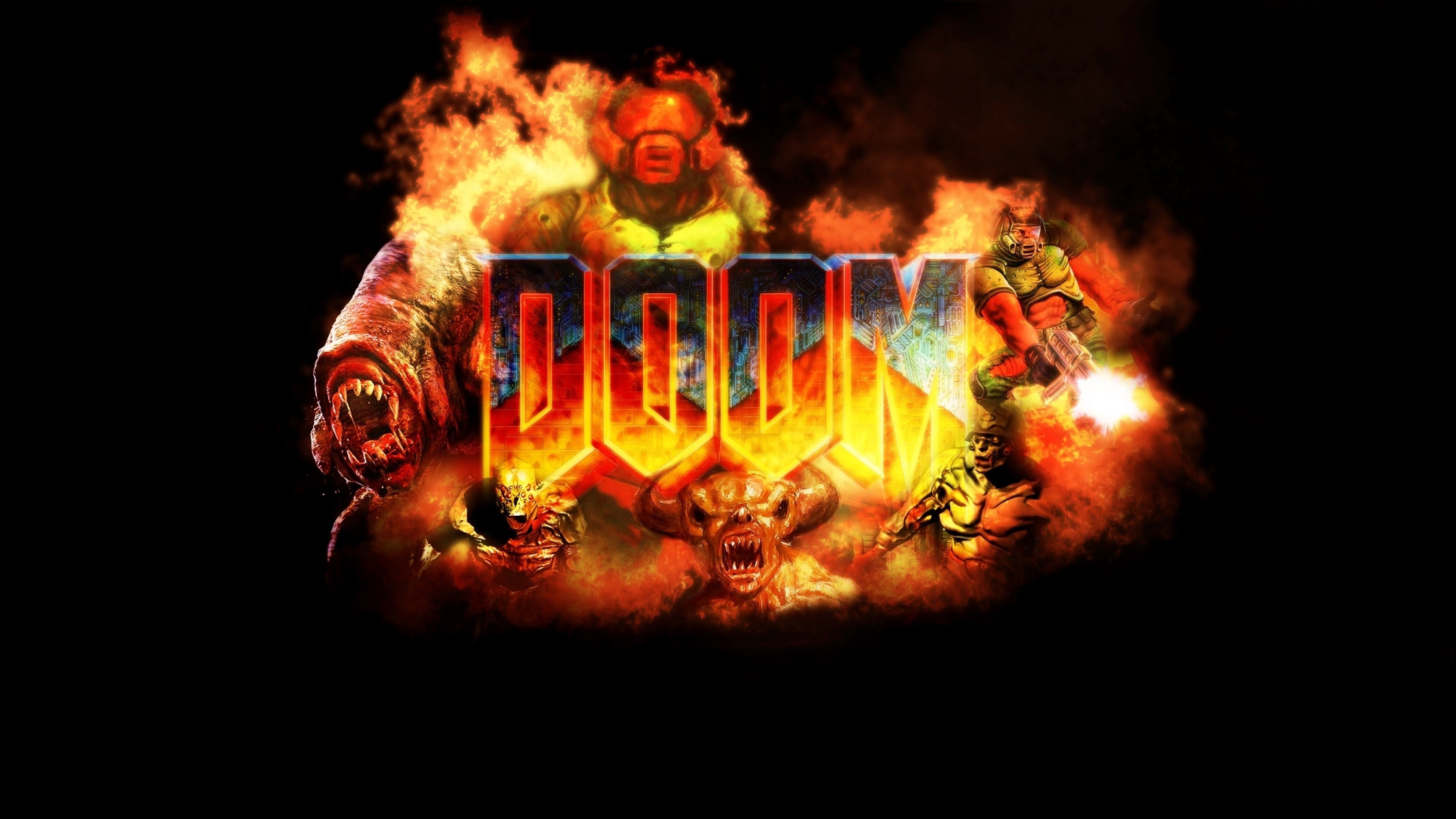 3840x2160  Wallpaper doom, game, logo, explosion, fire