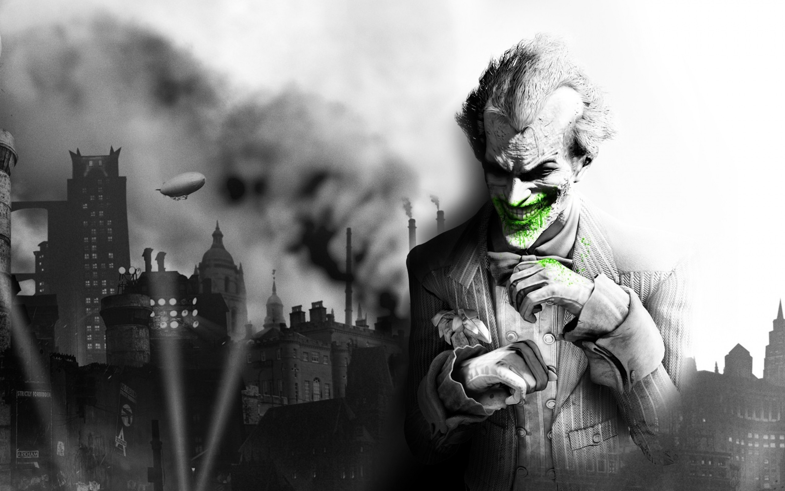 2560x1600  Wallpaper batman arkham city, the joker, smile, city, jacket,  black