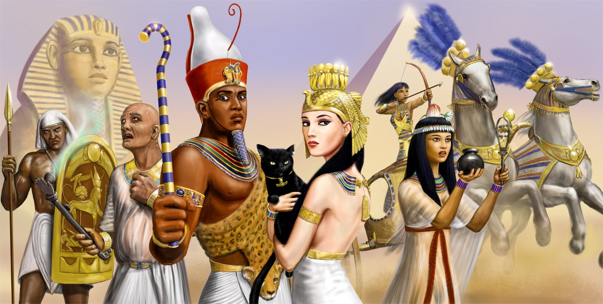2380x1200 art girls man egypt pharaoh priest warrior sphinx pyramid horses chariot cat