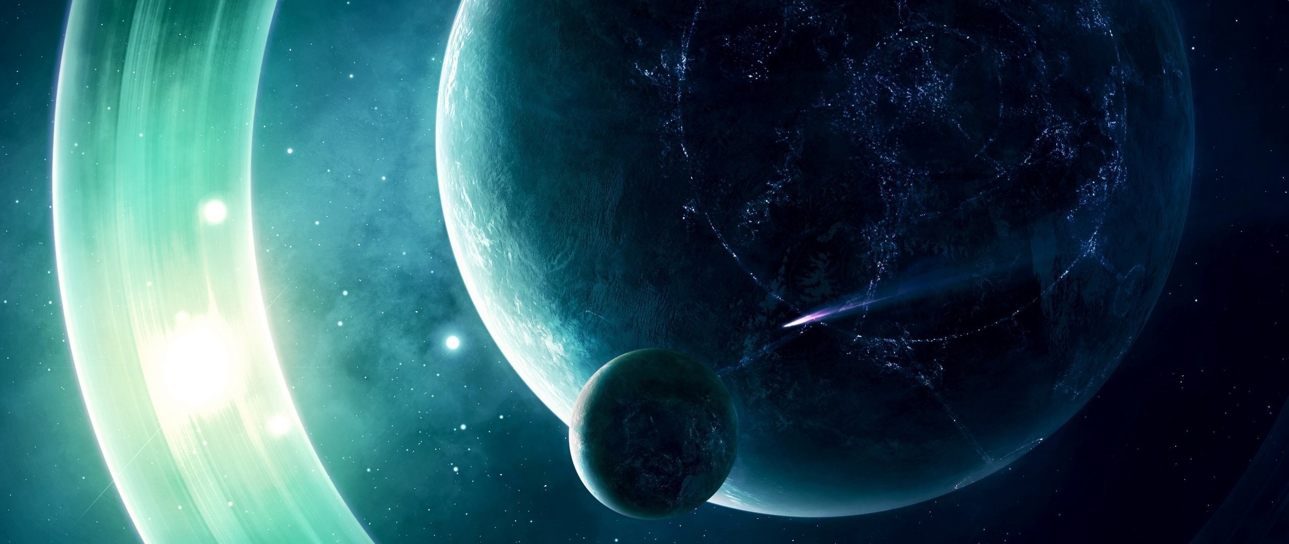 2560x1080 Preview wallpaper space, planet, light 