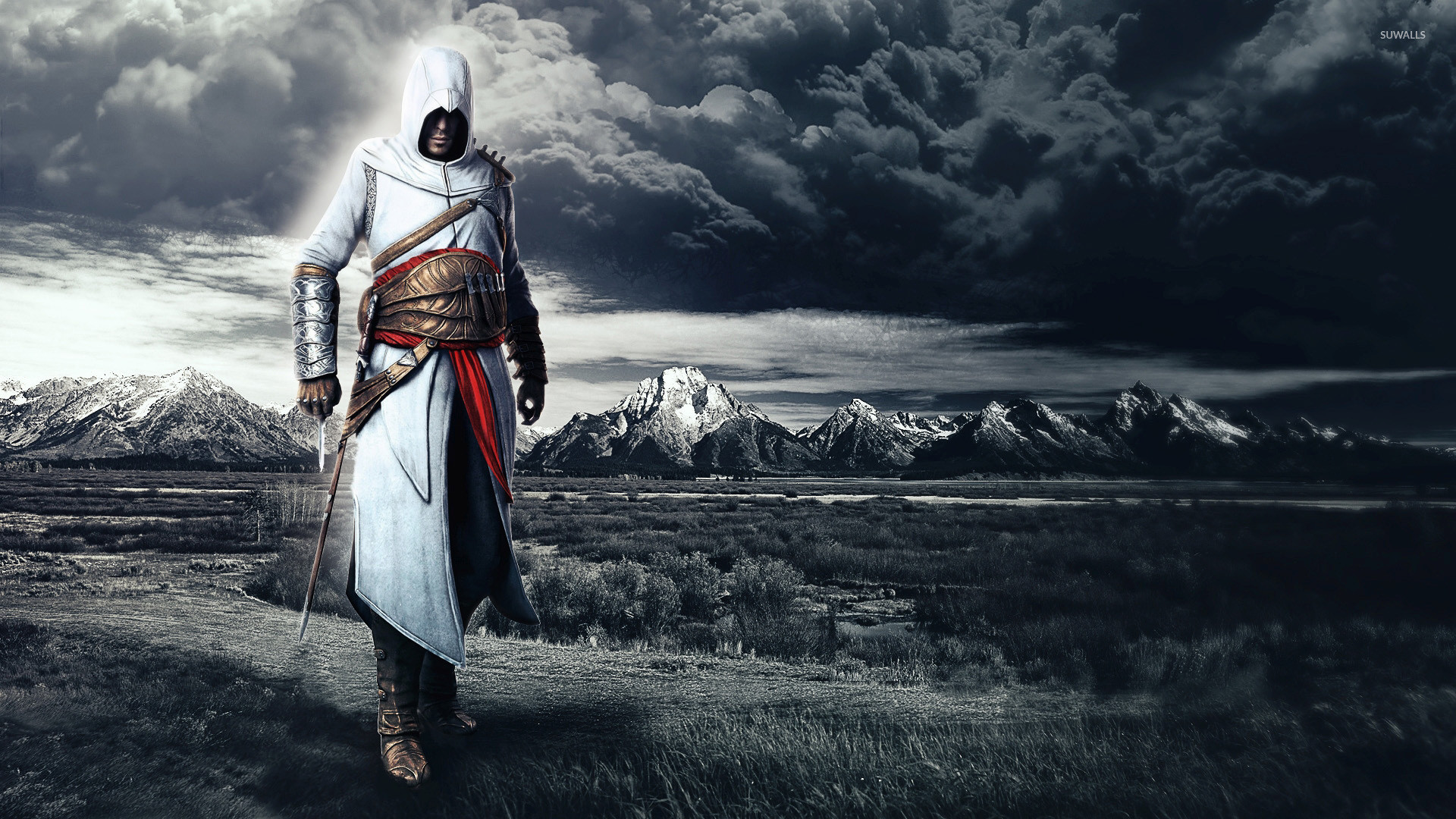 1920x1080 Storm clouds behind Altair Ibn-La'Ahad - Assassin's Creed wallpaper