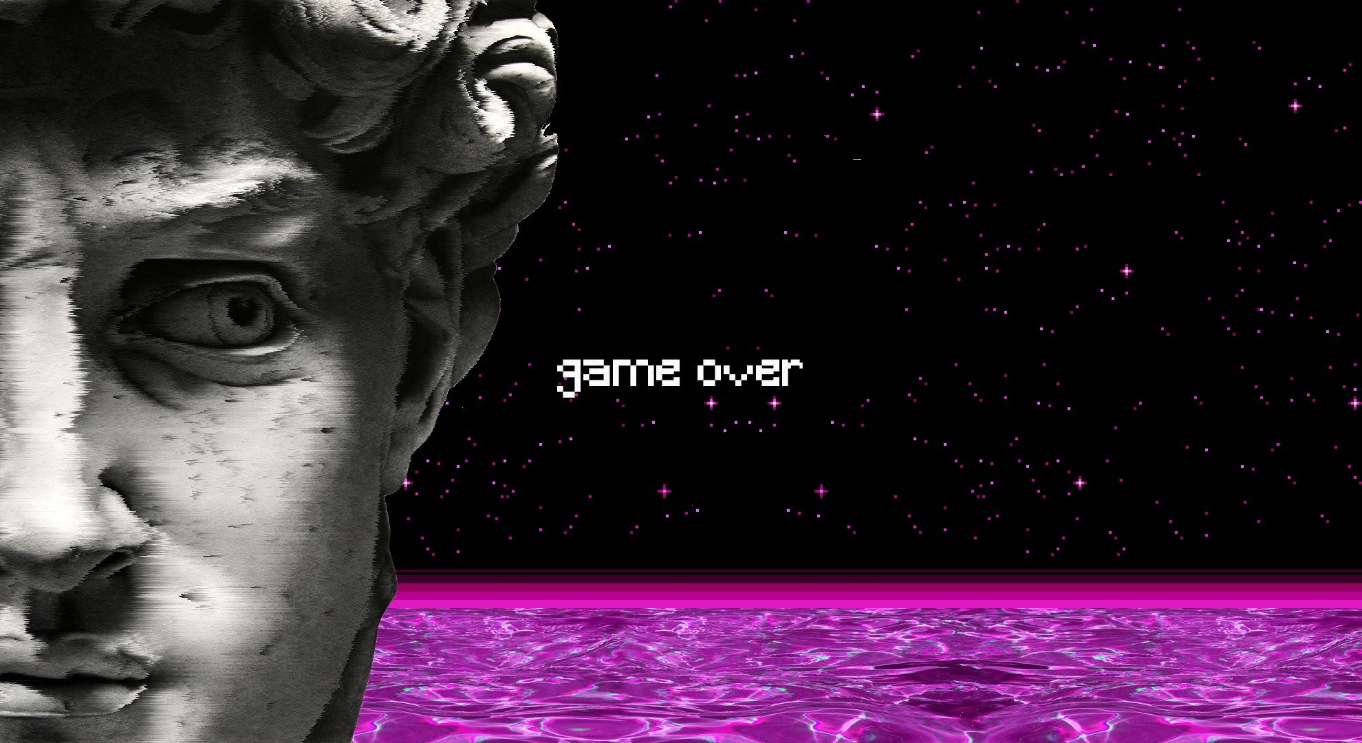 1980x1080 vaporwave, Statue, Water, Spaceship, GAME OVER, Pixel art
