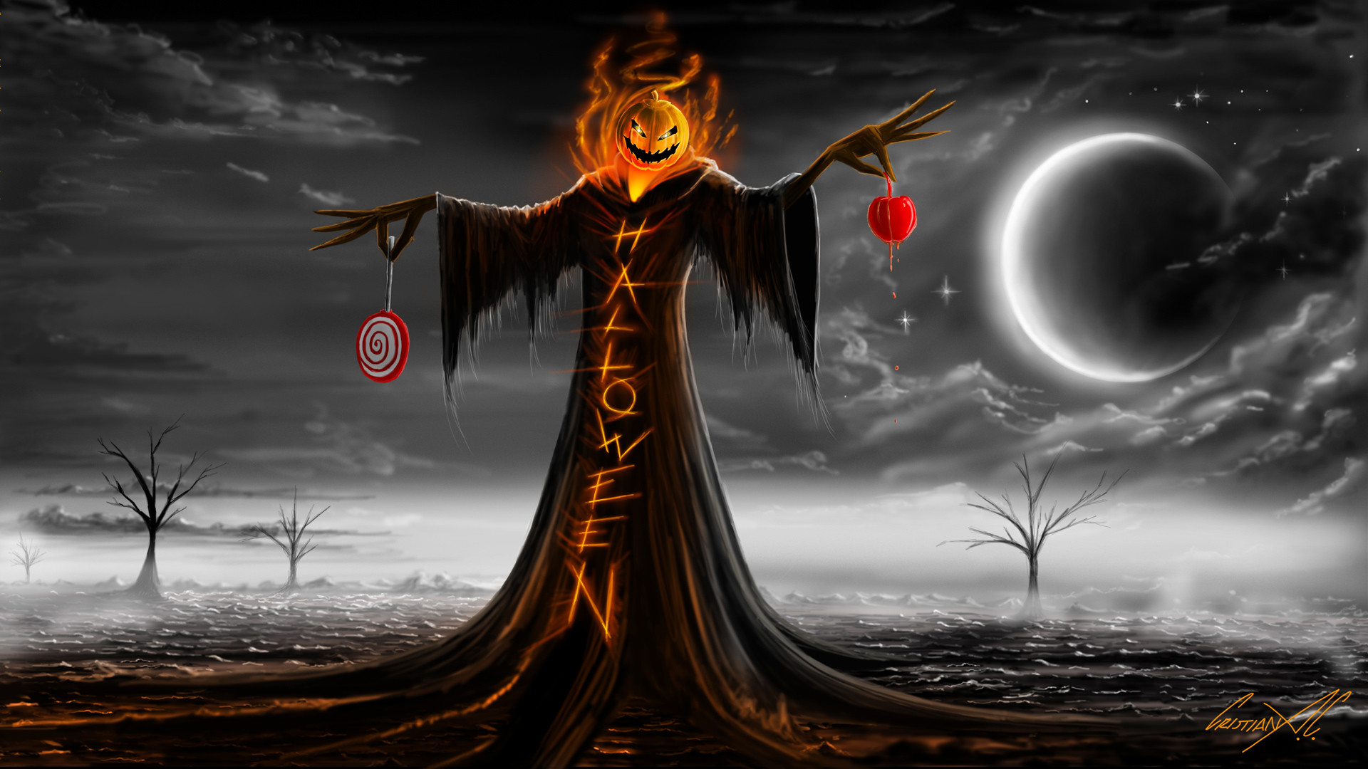 1920x1080 Halloween Specter Scarecrow Pumpkin Fire Flames Tunic Lollipops Moon Stars  Clouds Night Trees Desert Scare Fear Painting hd wallpaper by LadyGaga