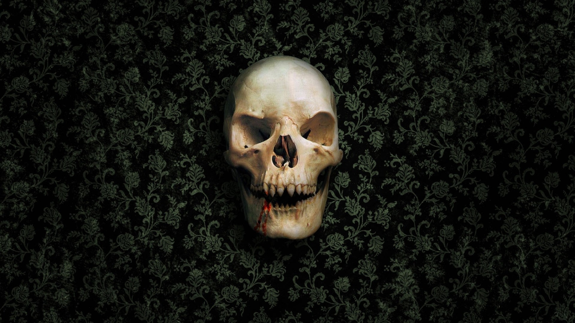 1920x1080 Preview wallpaper skull, skeleton, wall, green, dark 