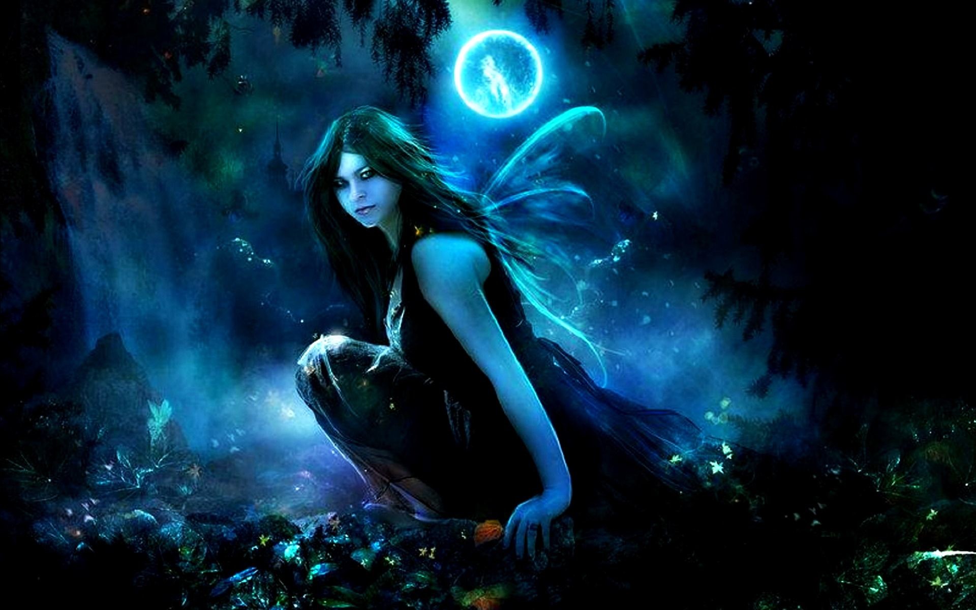1920x1200 moon Fairy Night | Fairy moon dark fantasy art blue night HD Wallpaper