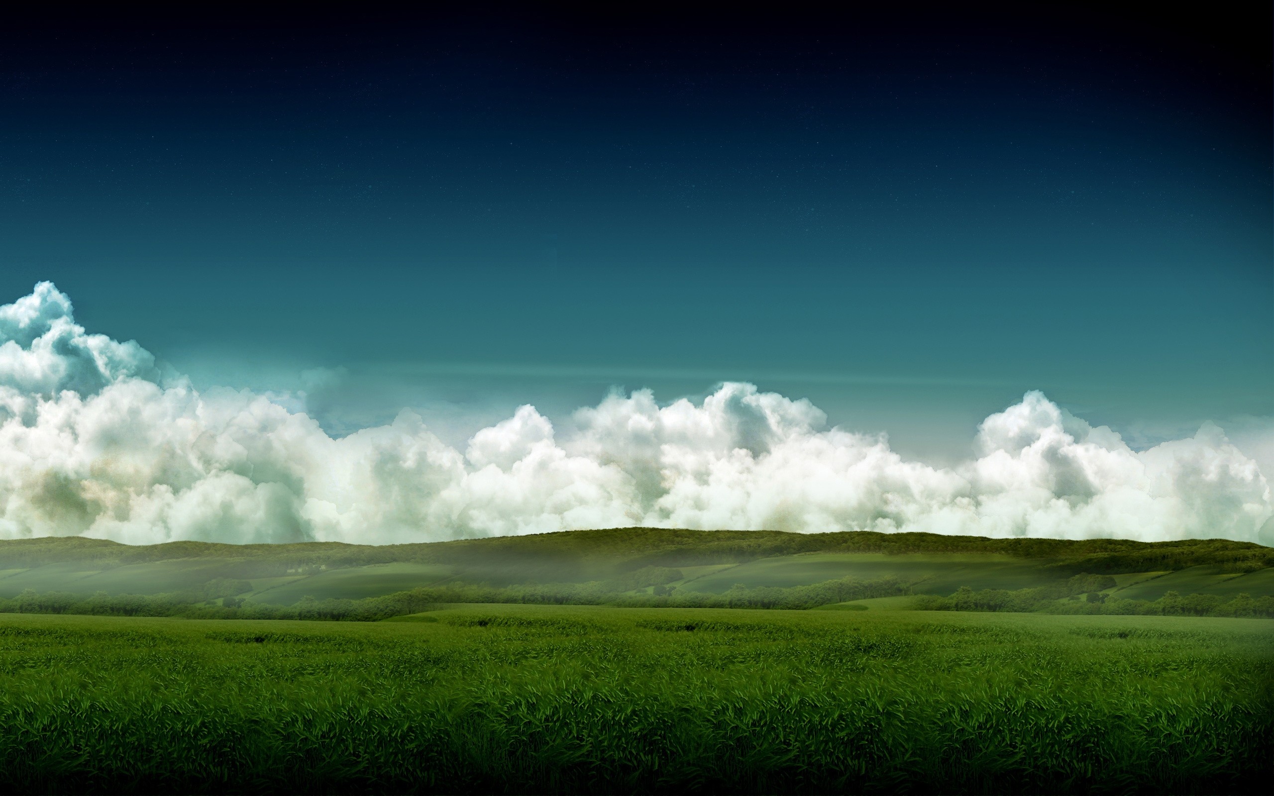 2560x1600 Wallpaper meadows, fields, clouds, sky, volume, colors, haze, grass
