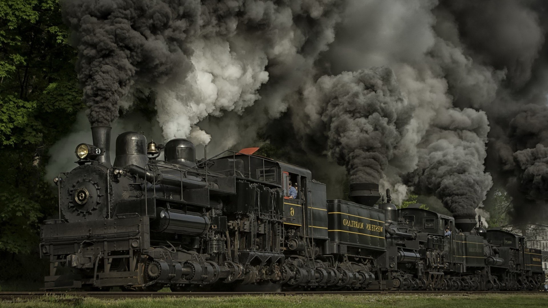 1920x1080 train, Steam Locomotive, Dust, Railway, Wheels, Maryland, USA, Nature,  Trees, Grass, Smoke Wallpapers HD / Desktop and Mobile Backgrounds