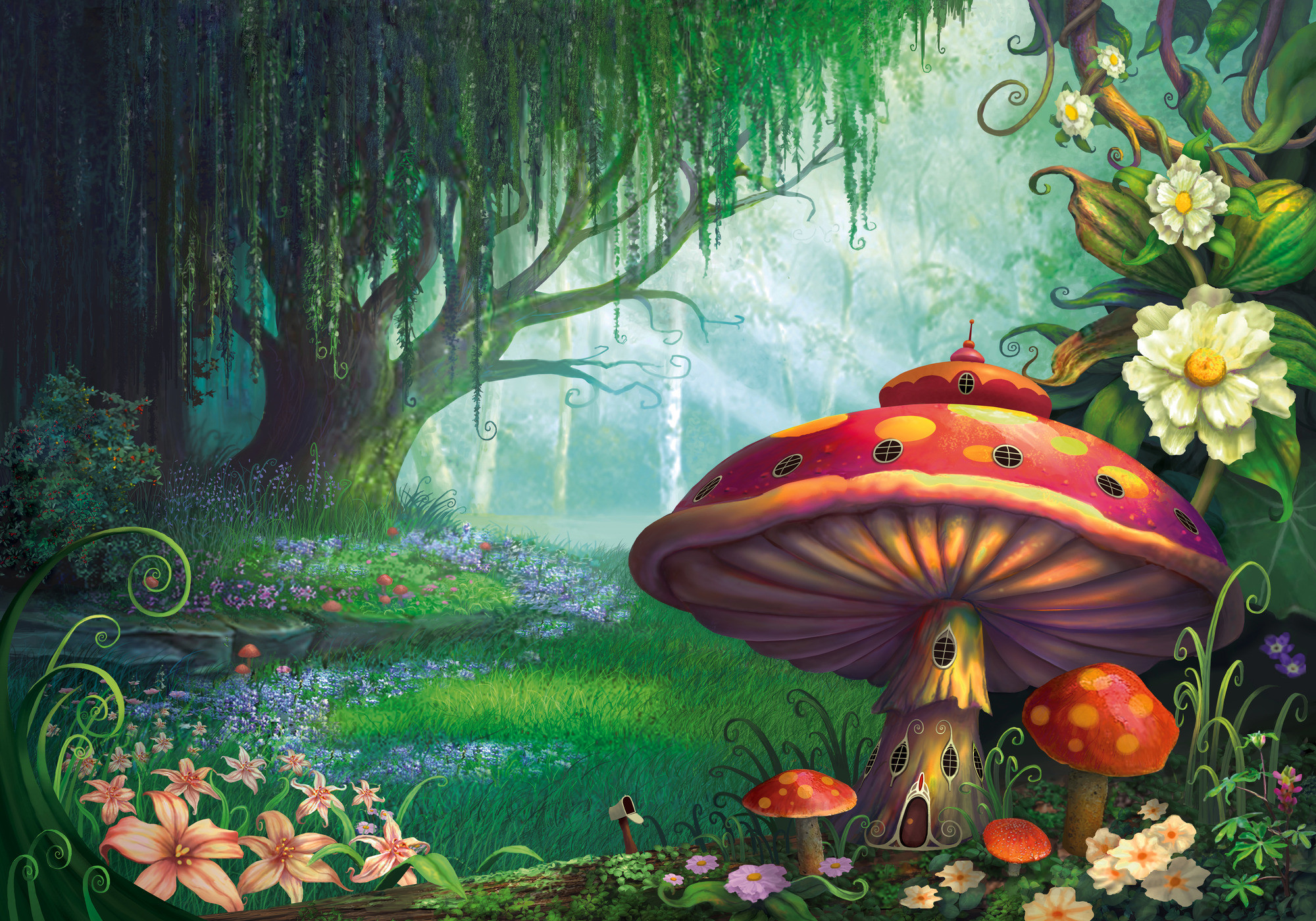 2000x1400 Artistic - Fantasy Artistic House Mushroom Forest Flower Tree Spring  Wallpaper