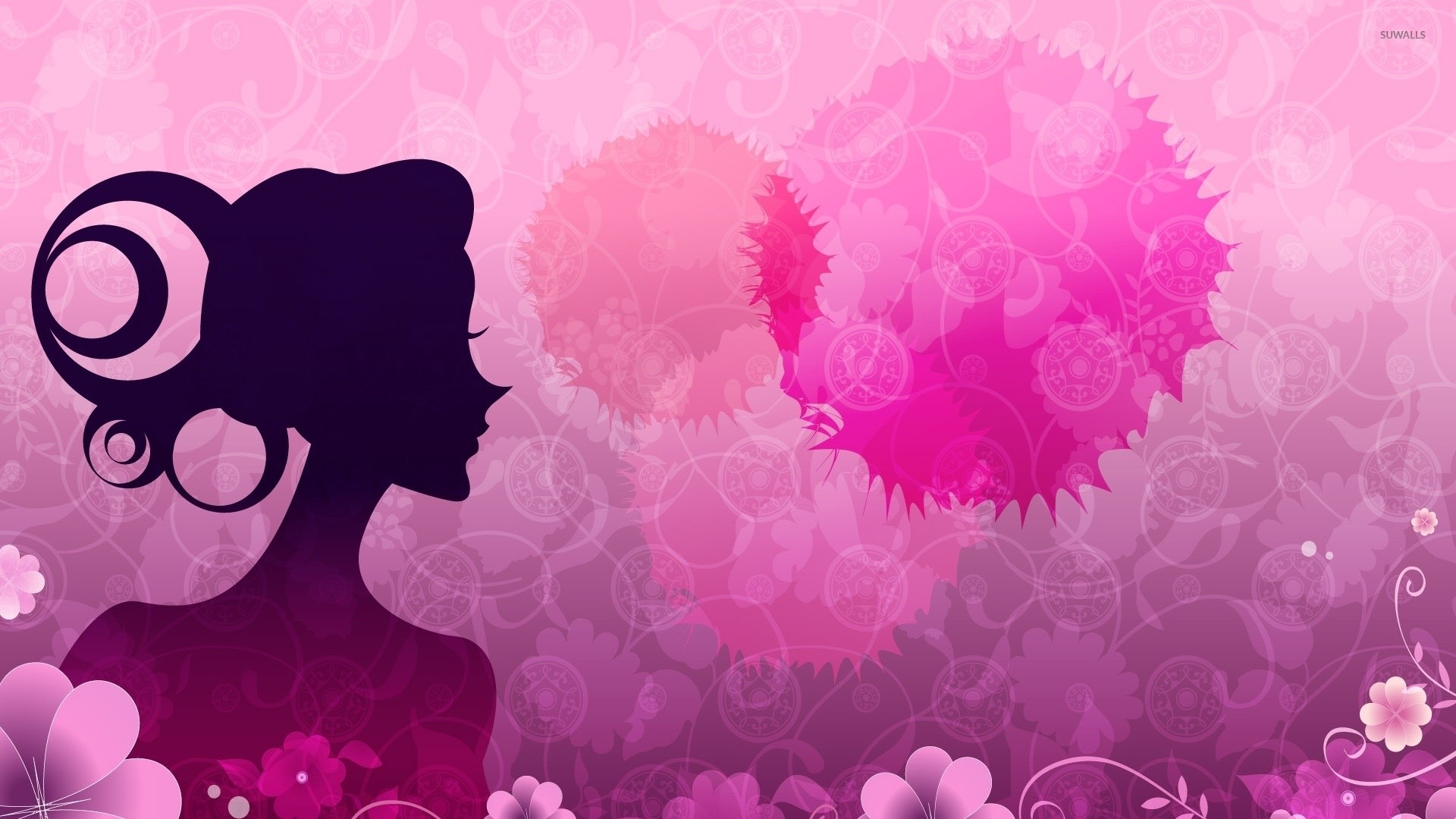 1920x1080 Woman silhouette by the pink flowers wallpaper