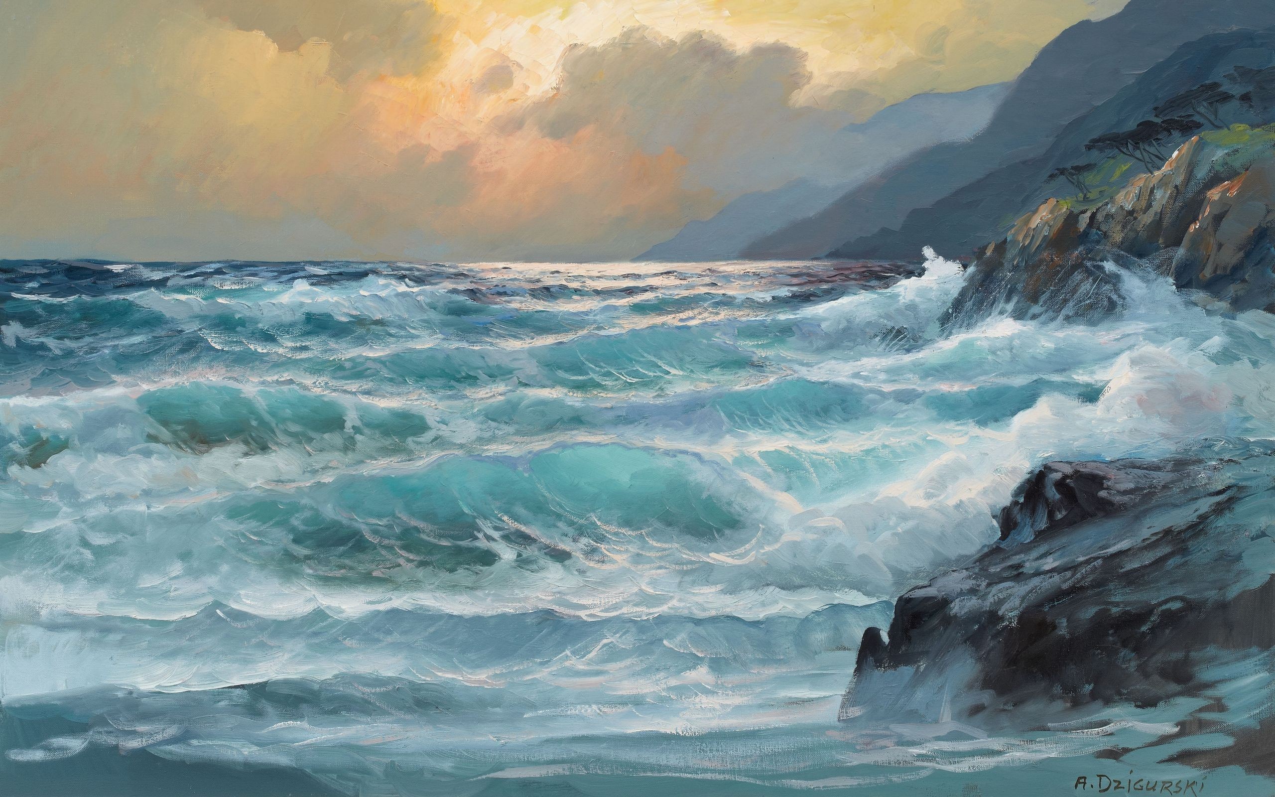 2560x1600 Paintings Rocks Nature Ocean Landscapes Clouds Artwork Beautiful 3d  Wallpapers For Desktop Hd : Sea Ocean