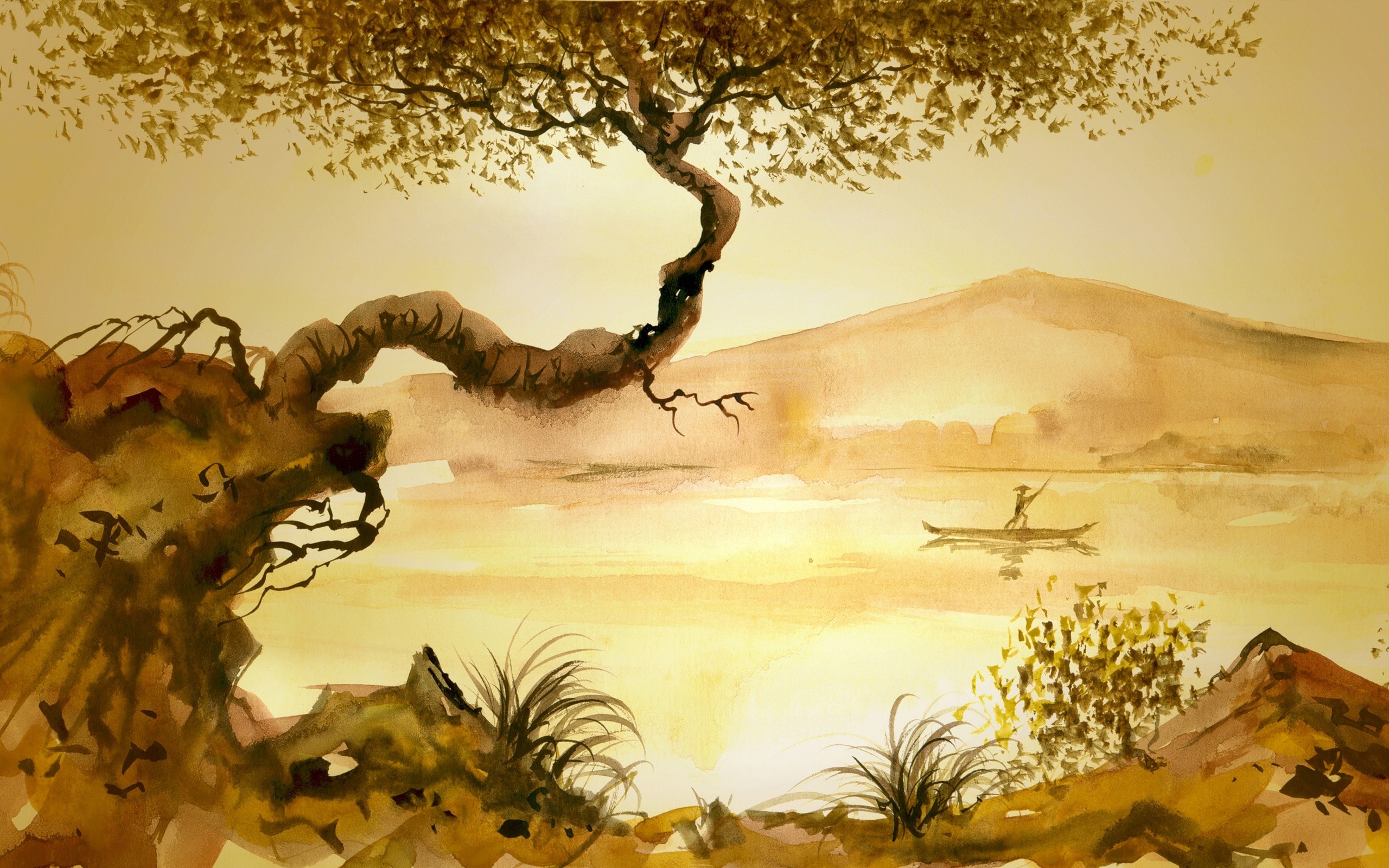 2560x1600 Junk man tree grass asian lake painting mood wallpaper |  | 176941  | WallpaperUP