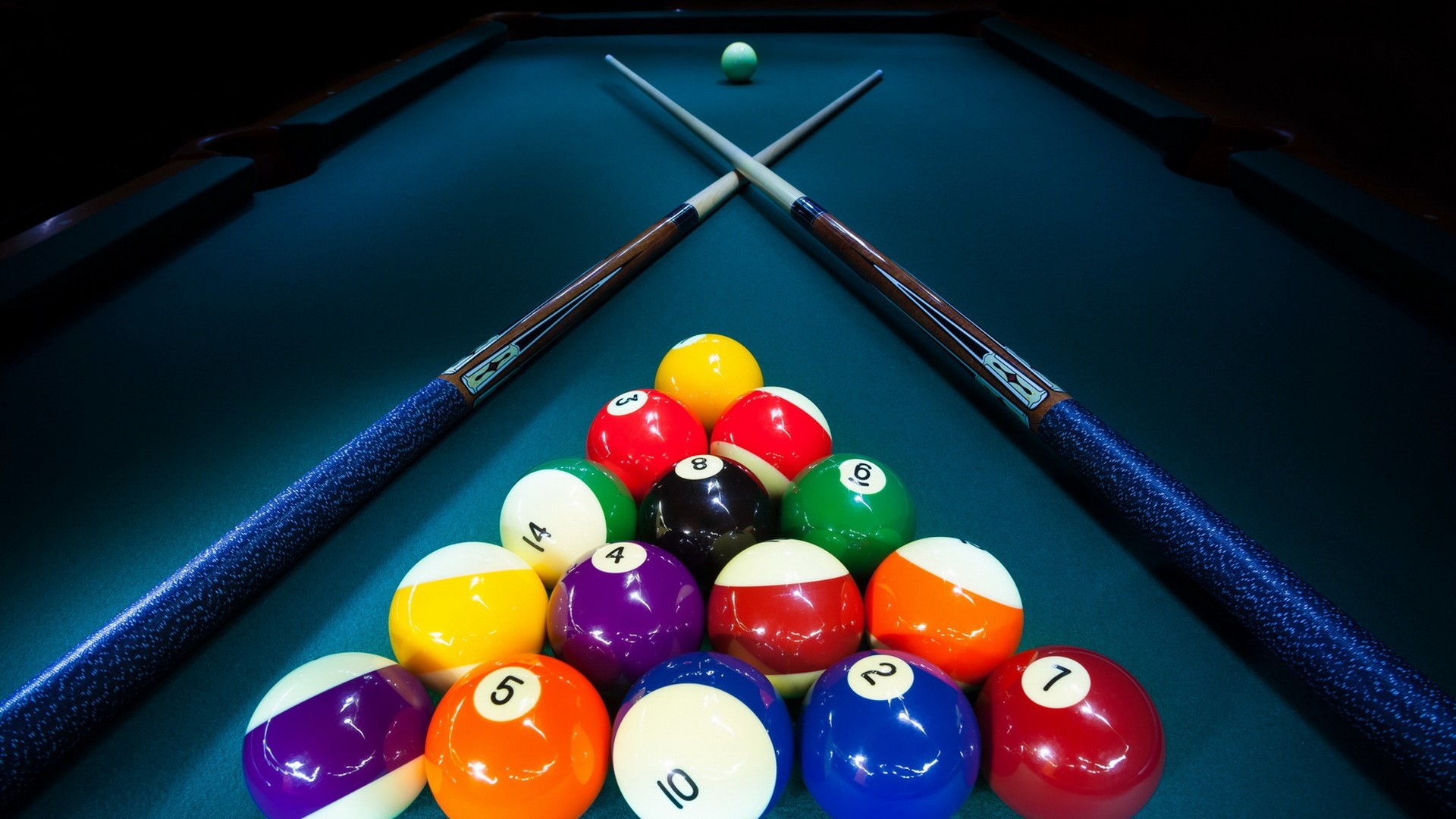 1920x1080 Pool table, cues, billiard balls: