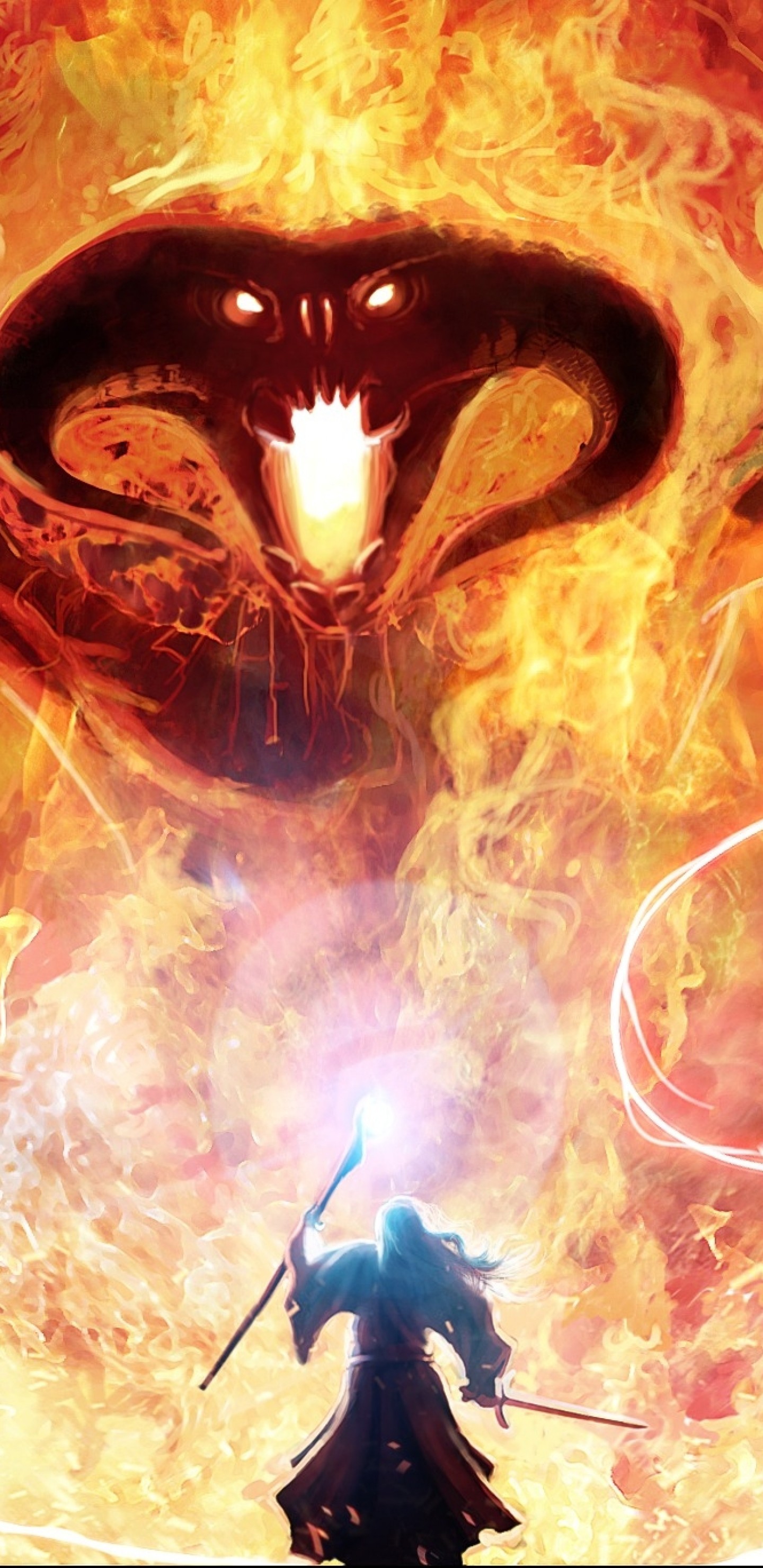 1440x2960 Lord Of The Rings, Balrog, Gandalf, Fire, Tolkien, Magic, Monster