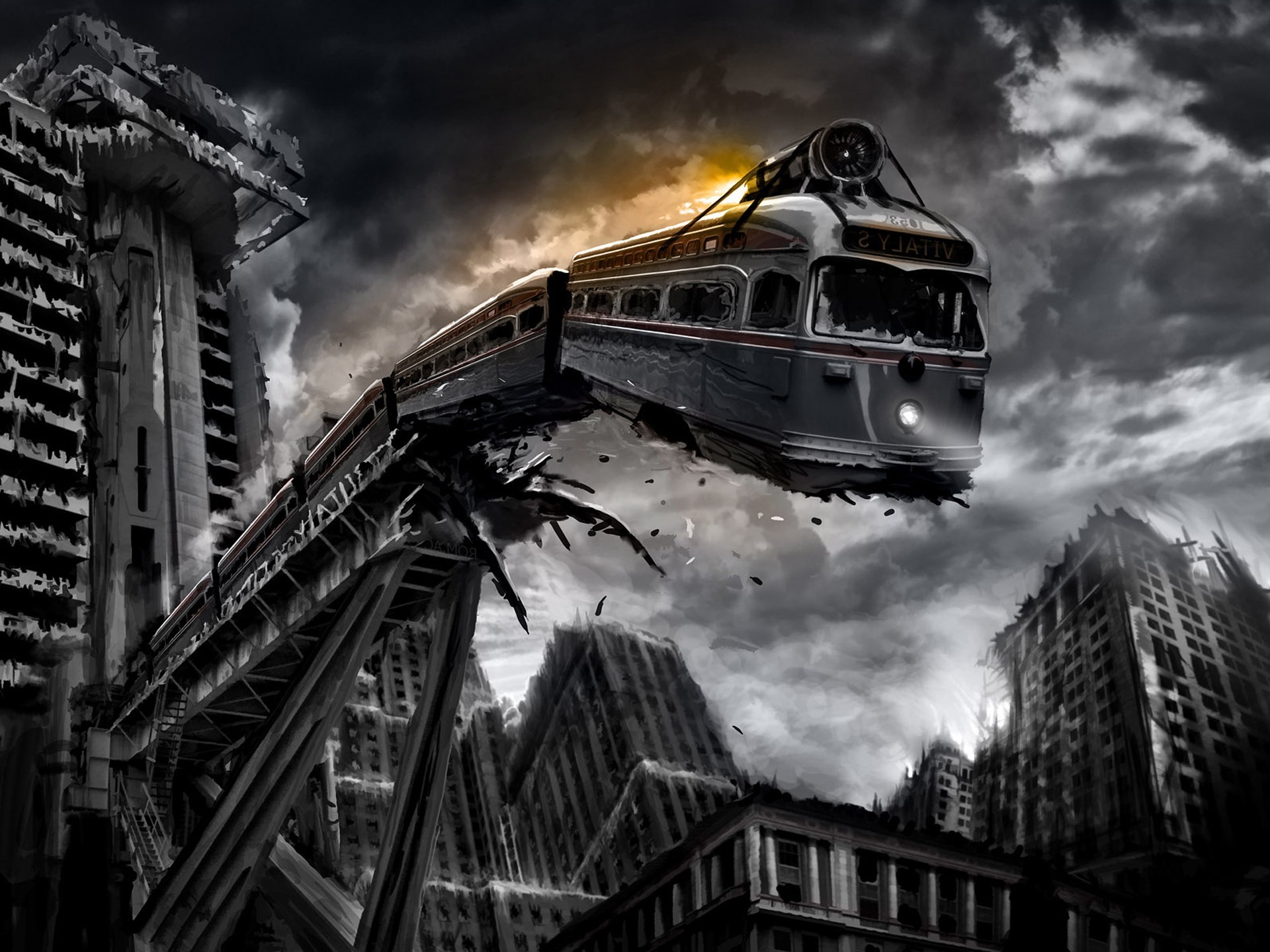 1920x1440 train, Monochrome, Apocalyptic, Digital Art, Romantically Apocalyptic  Wallpapers HD / Desktop and Mobile Backgrounds