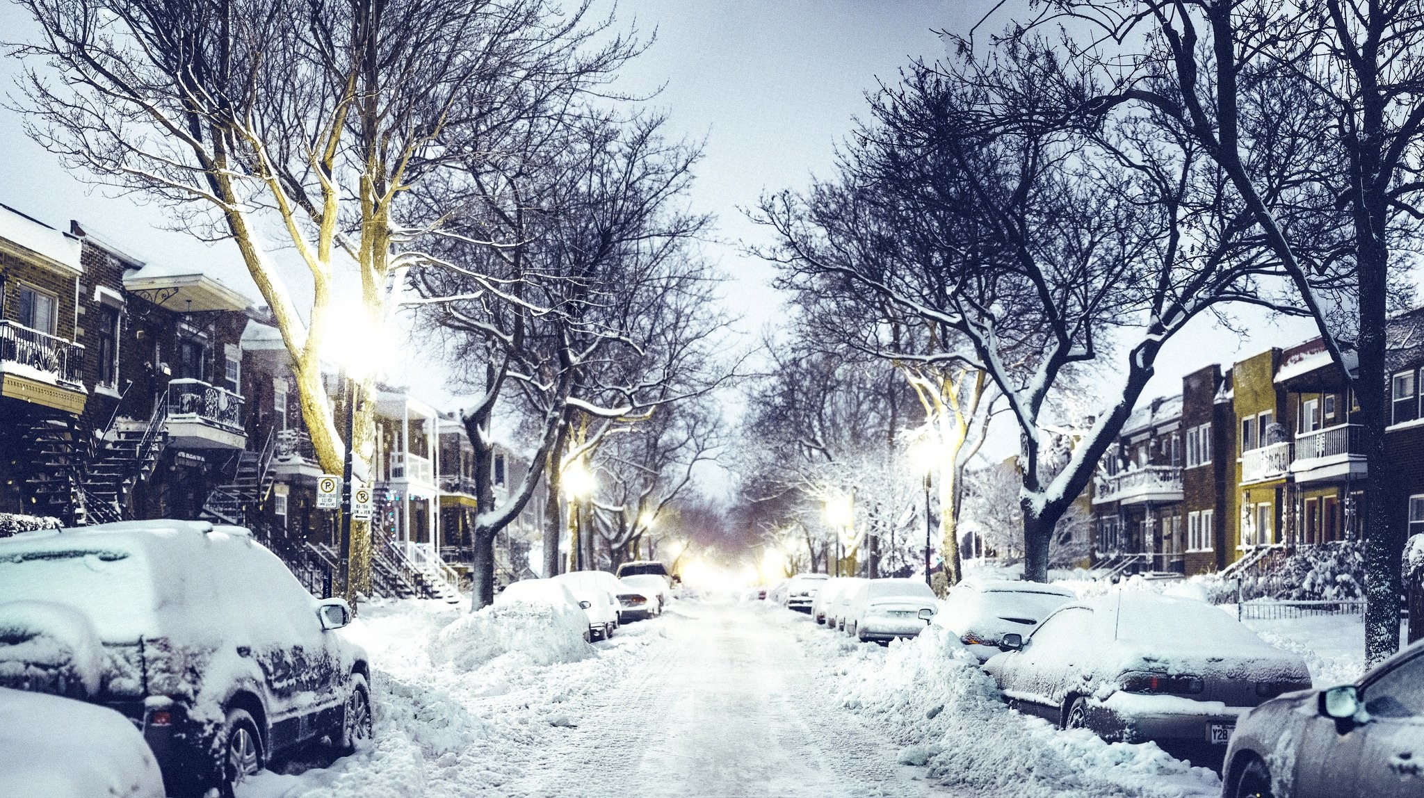 2048x1148 Street night road cars houses lights snow winter city wallpaper |   | 599307 | WallpaperUP