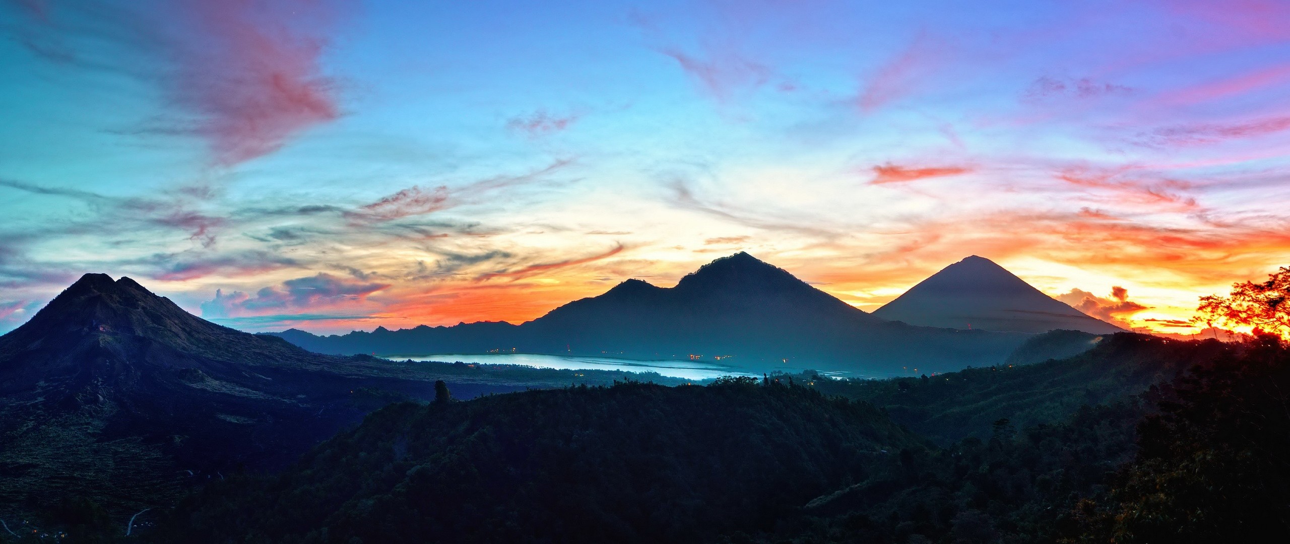 2560x1080 Preview wallpaper mountains, sky, bali, sunrise, kintamani, indonesia  