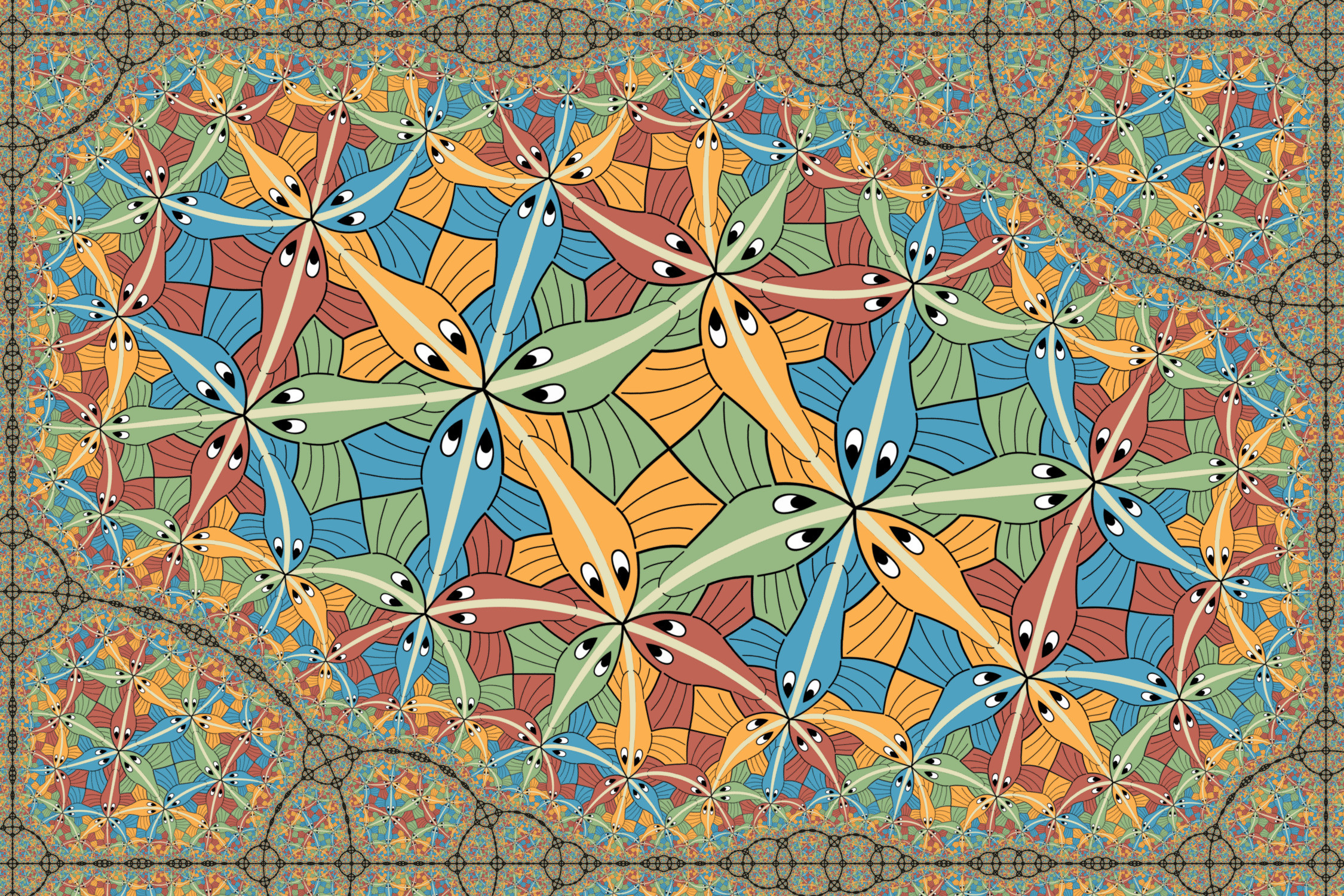 2250x1500 optical Illusion, Drawing, M. C. Escher, Psychedelic, Animals, Symmetry,  Colorful,
