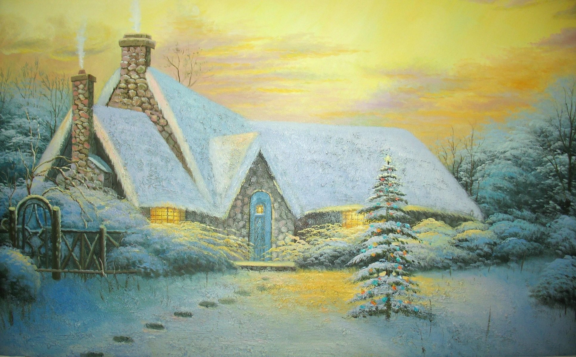 1932x1200 painting thomas kinkade thomas kinkade pattern picture christmas tree  cottage winter cottage fence snow traces