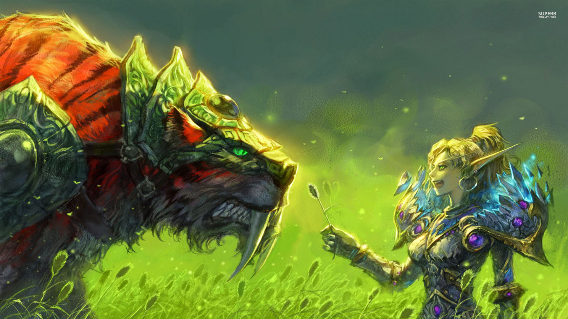 1920x1080 World Of Warcraft Blood Elf Tigers WOW girl elf tiger Grass Armor fantasy wallpaper  background