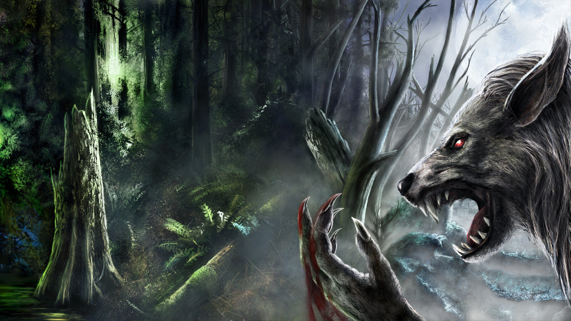 1920x1080 Werewolf fantasy art dark monster creatures blood fangs trees forest spooky  creepy scary evil wallpaper |
