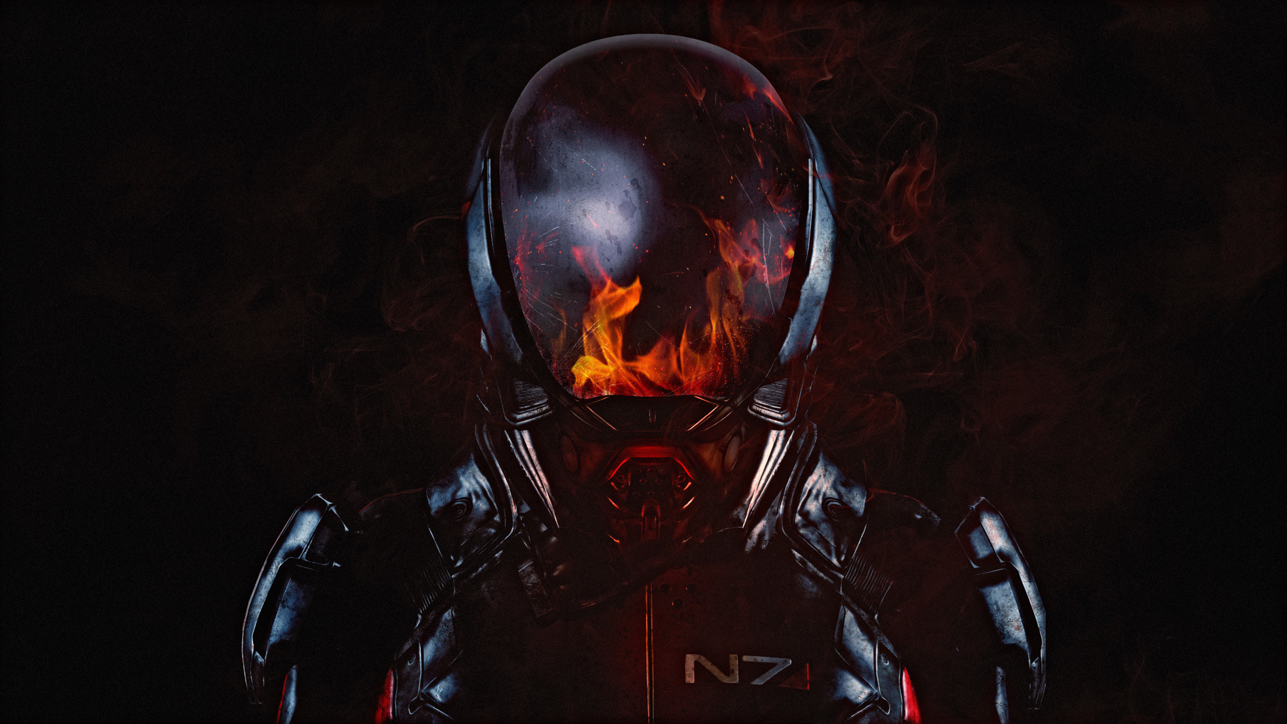 2560x1440 Mass Effect: Andromeda, N7, Soldier, flame, helmet,  wallpaper