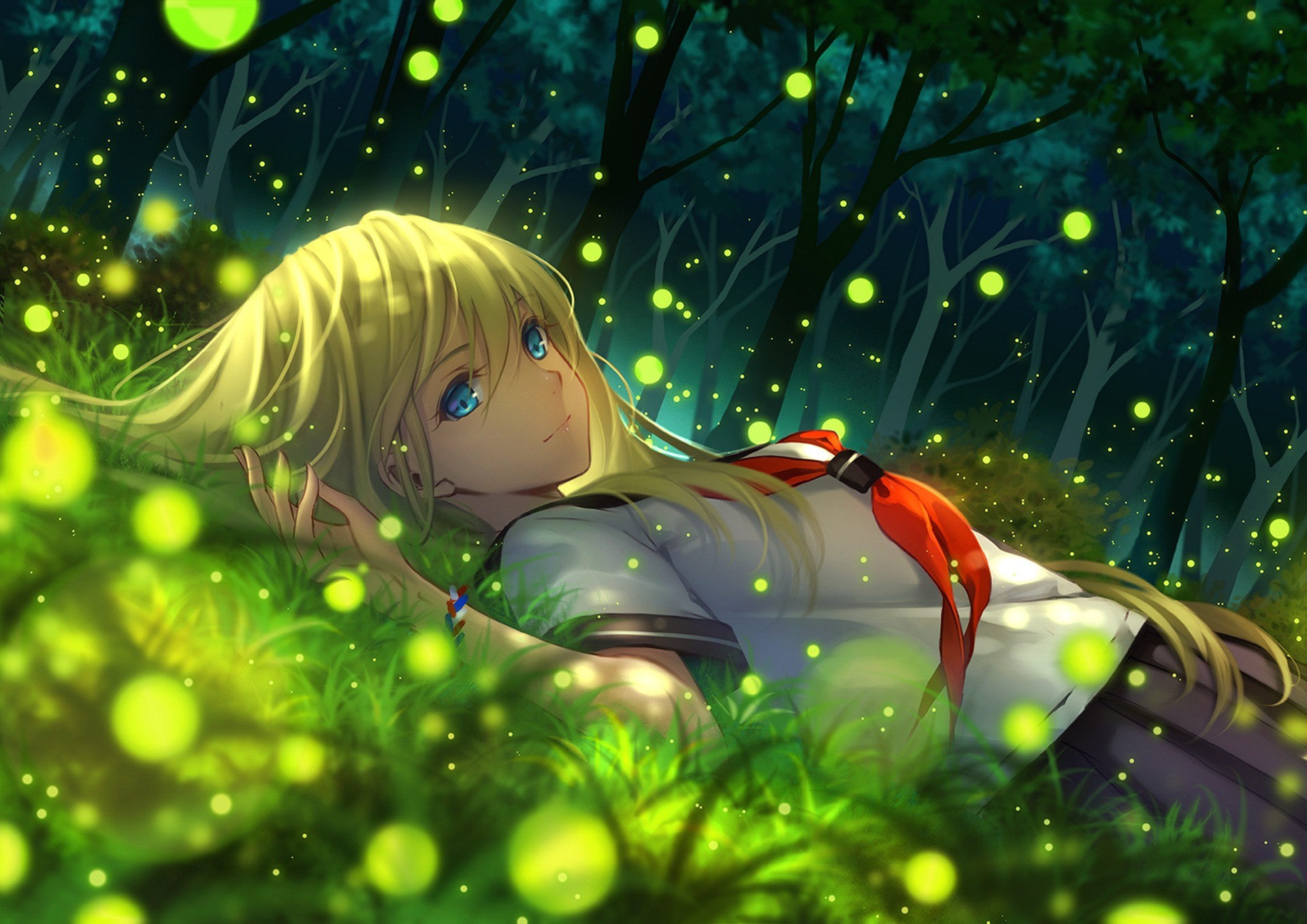 1920x1358 Wallpaper Girl, Anime, Grass, Lying, Art