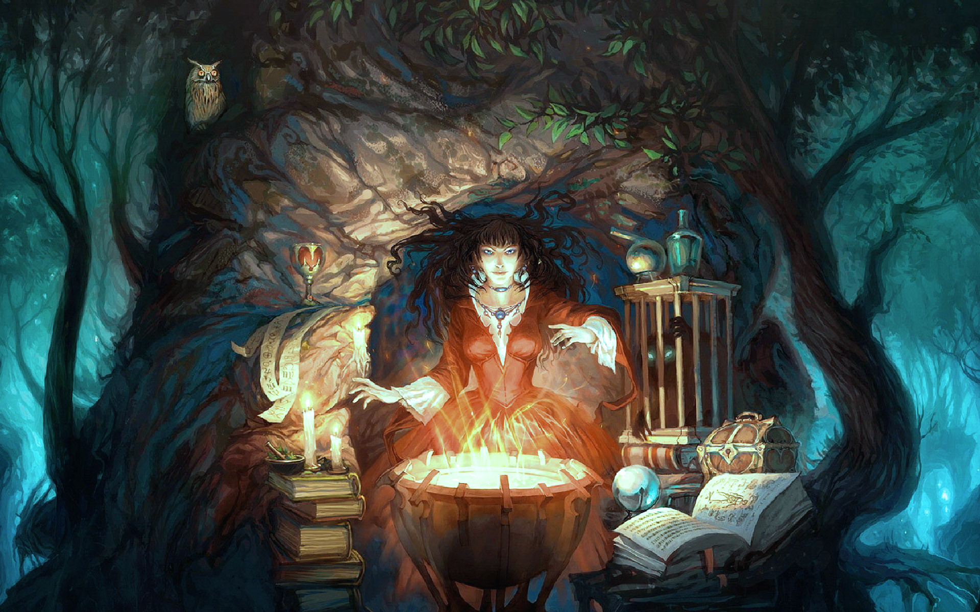 1920x1200 witch_occult_wiccan_wicca_cauldron_fire_flames_magic_book_spell_book_trees_forest_cg_digital_art_artistic_forest_detail_dark_halloween_fantasy_
